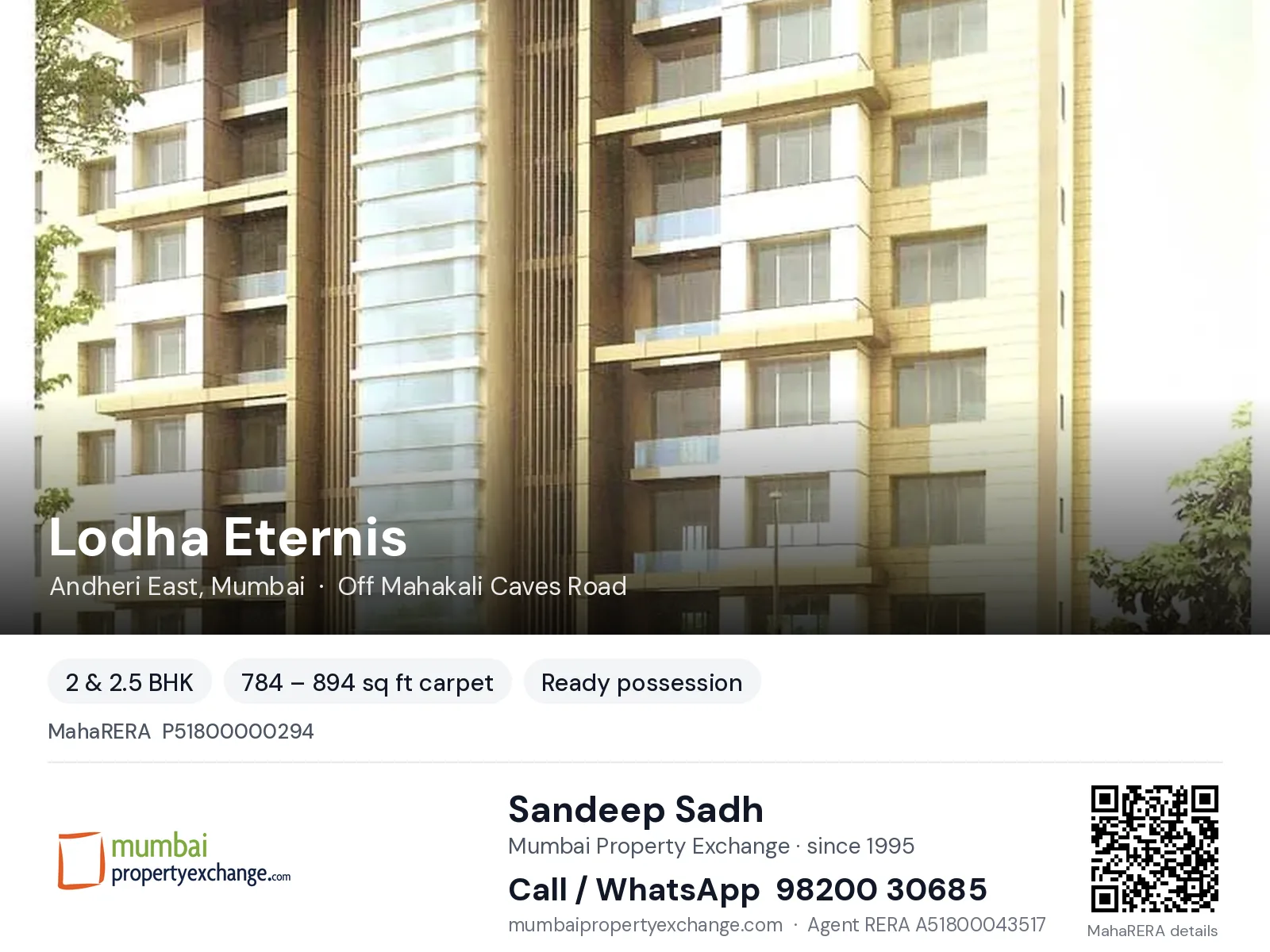 Lodha Eternis, Andheri East, Mumbai — 2 & 2.5 BHK ready-to-move project | Mumbai Property Exchange, Sandeep Sadh 98200 30685