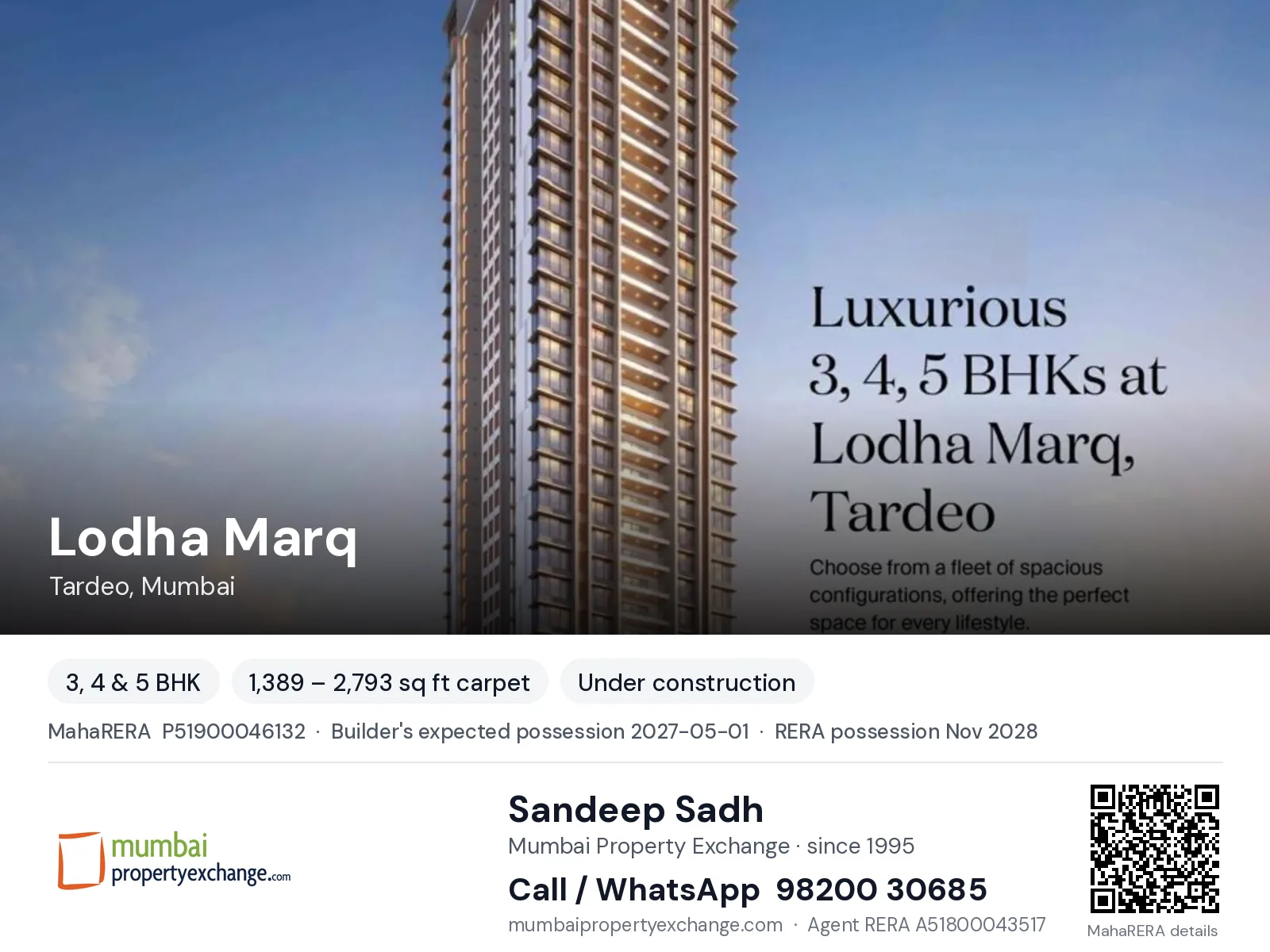 Lodha Marq, Tardeo, Mumbai — 3, 4 & 5 BHK new project, builder's expected possession 2027-05-01, RERA possession Nov 2028 | Mumbai Property Exchange, Sandeep Sadh 98200 30685