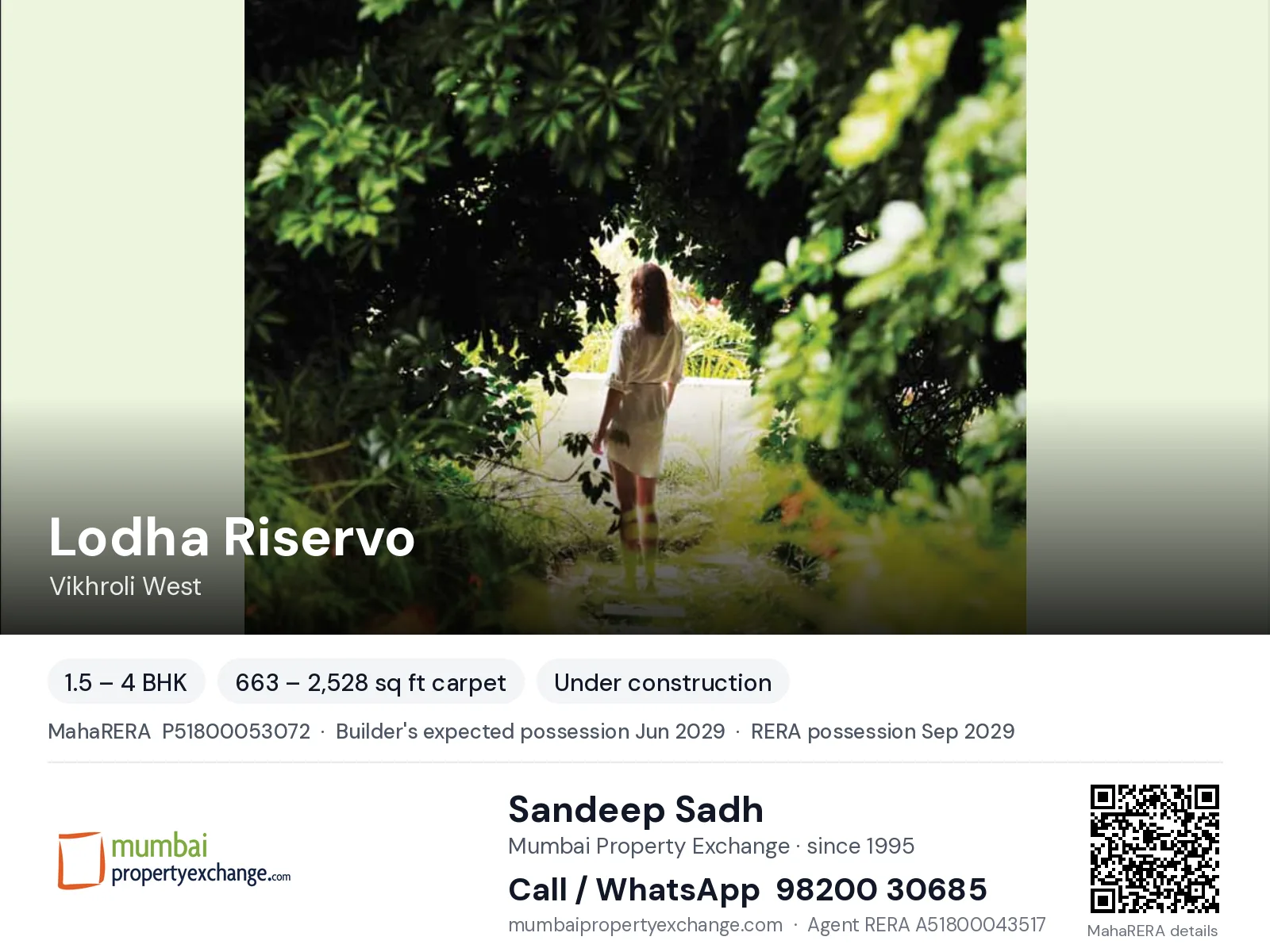 Lodha Riservo, Vikhroli West — 1.5 – 4 BHK new project, builder's expected possession Jun 2029, RERA possession Sep 2029 | Mumbai Property Exchange, Sandeep Sadh 98200 30685