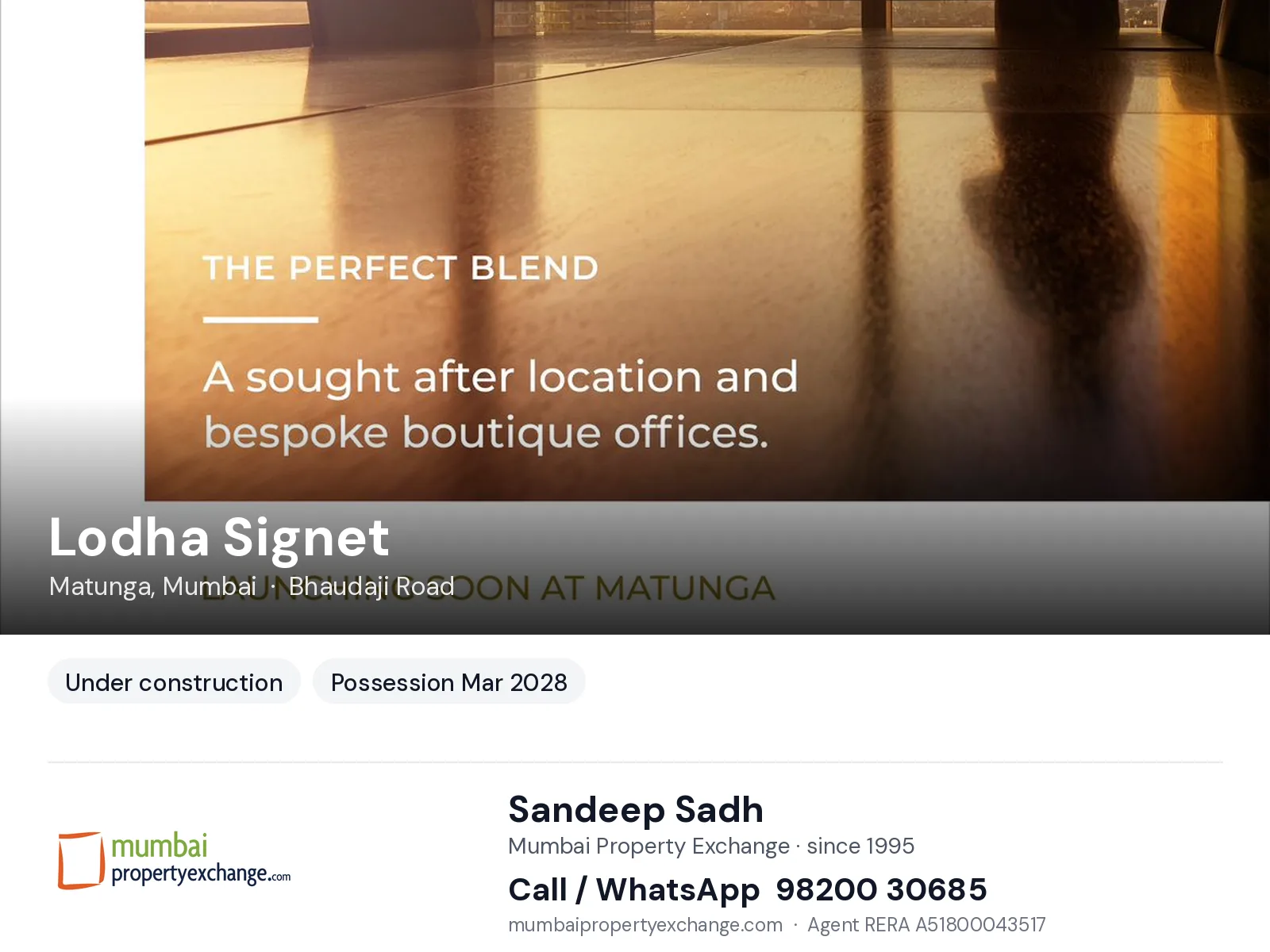 Lodha Signet, Matunga, Mumbai — new project, possession Mar 2028 | Mumbai Property Exchange, Sandeep Sadh 98200 30685