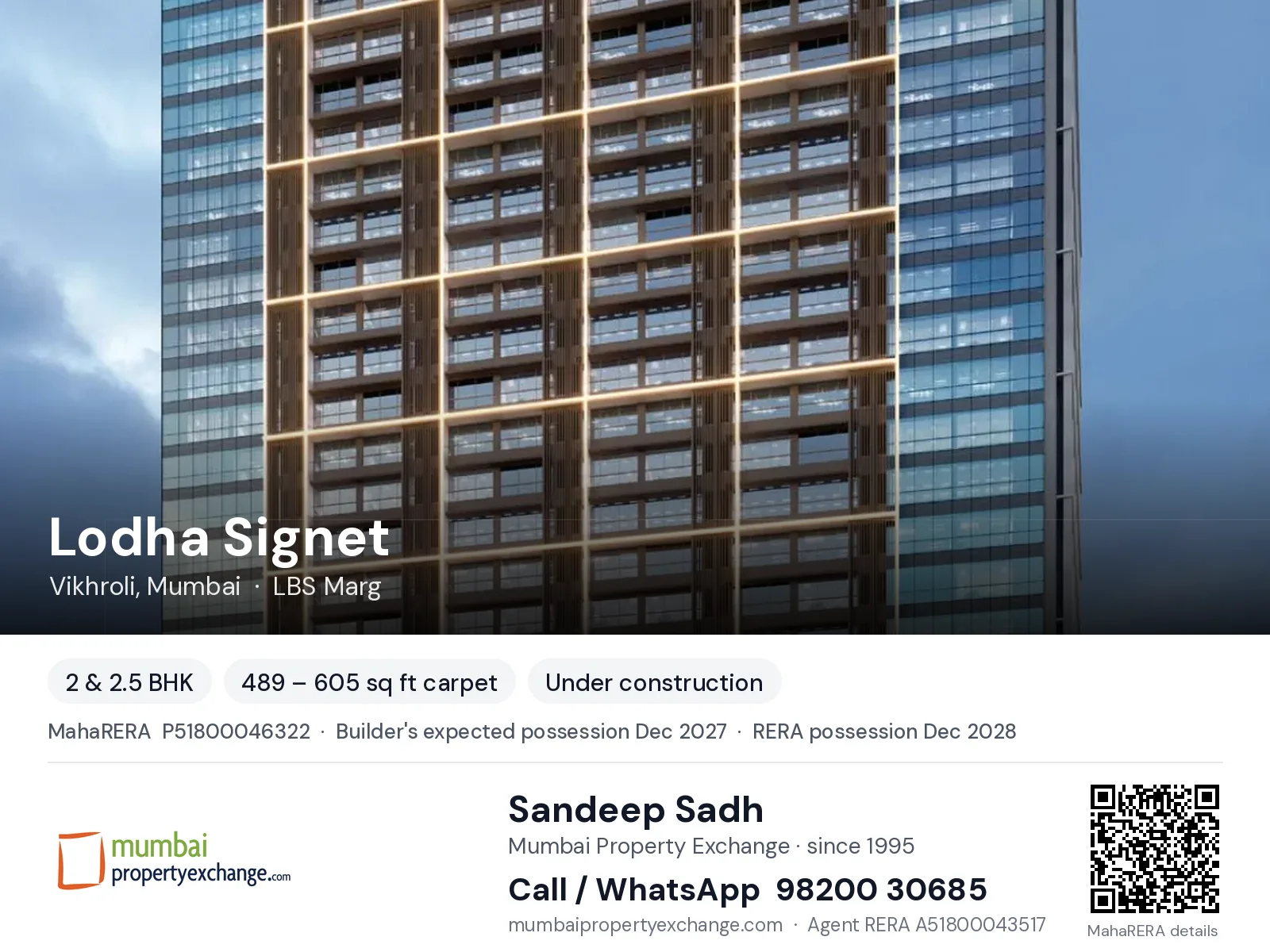 Lodha Signet, Vikhroli, Mumbai — 2 & 2.5 BHK new project, builder's expected possession Dec 2027, RERA possession Dec 2028 | Mumbai Property Exchange, Sandeep Sadh 98200 30685
