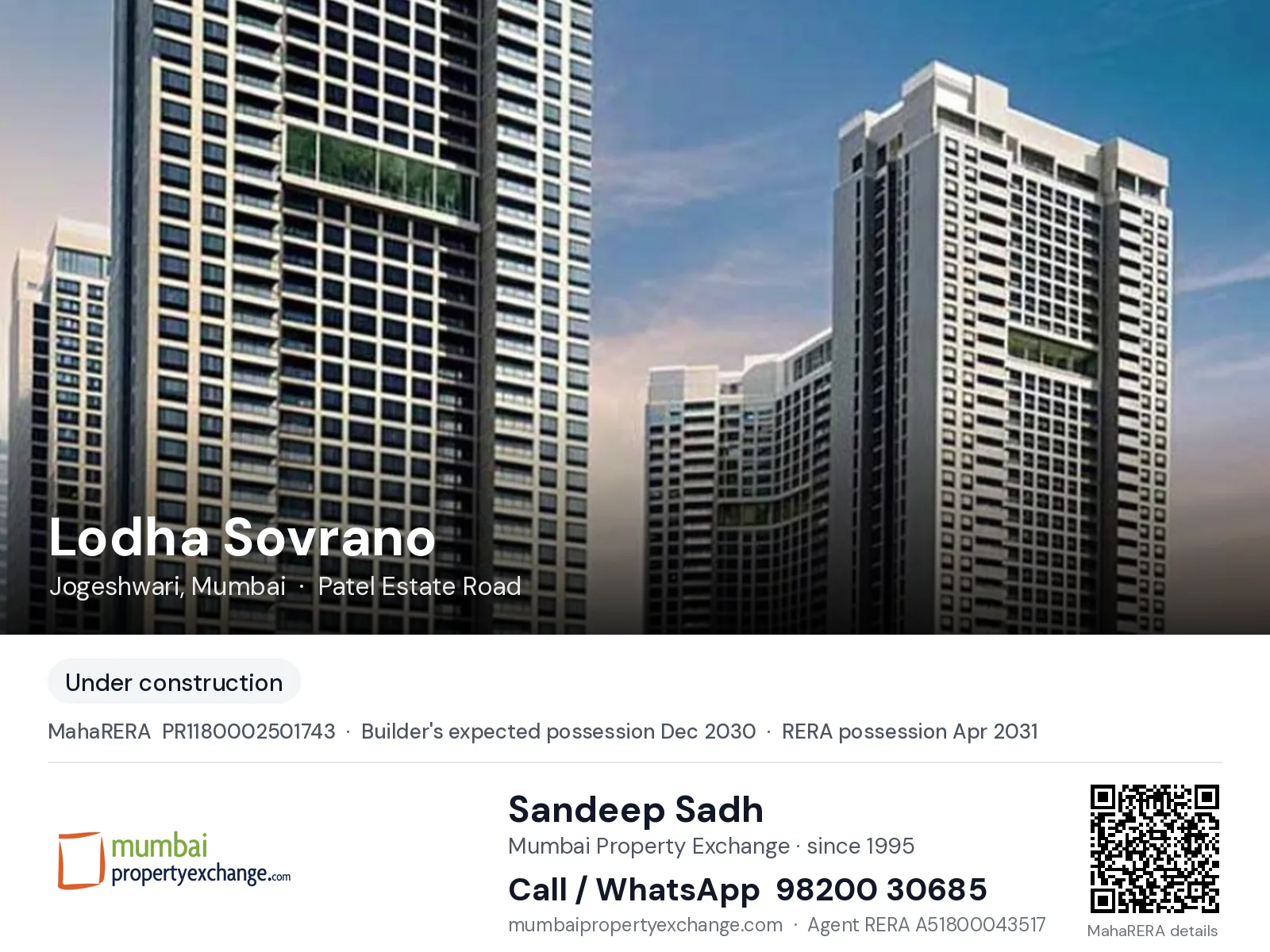 Lodha Sovrano, Jogeshwari, Mumbai — new project, builder's expected possession Dec 2030, RERA possession Apr 2031 | Mumbai Property Exchange, Sandeep Sadh 98200 30685