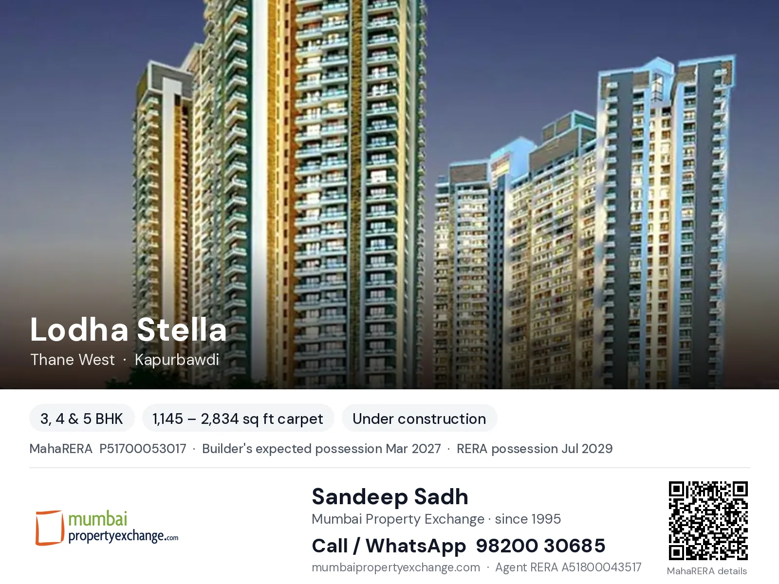 Lodha Stella, Thane West — 3, 4 & 5 BHK new project, builder's expected possession Mar 2027, RERA possession Jul 2029 | Mumbai Property Exchange, Sandeep Sadh 98200 30685