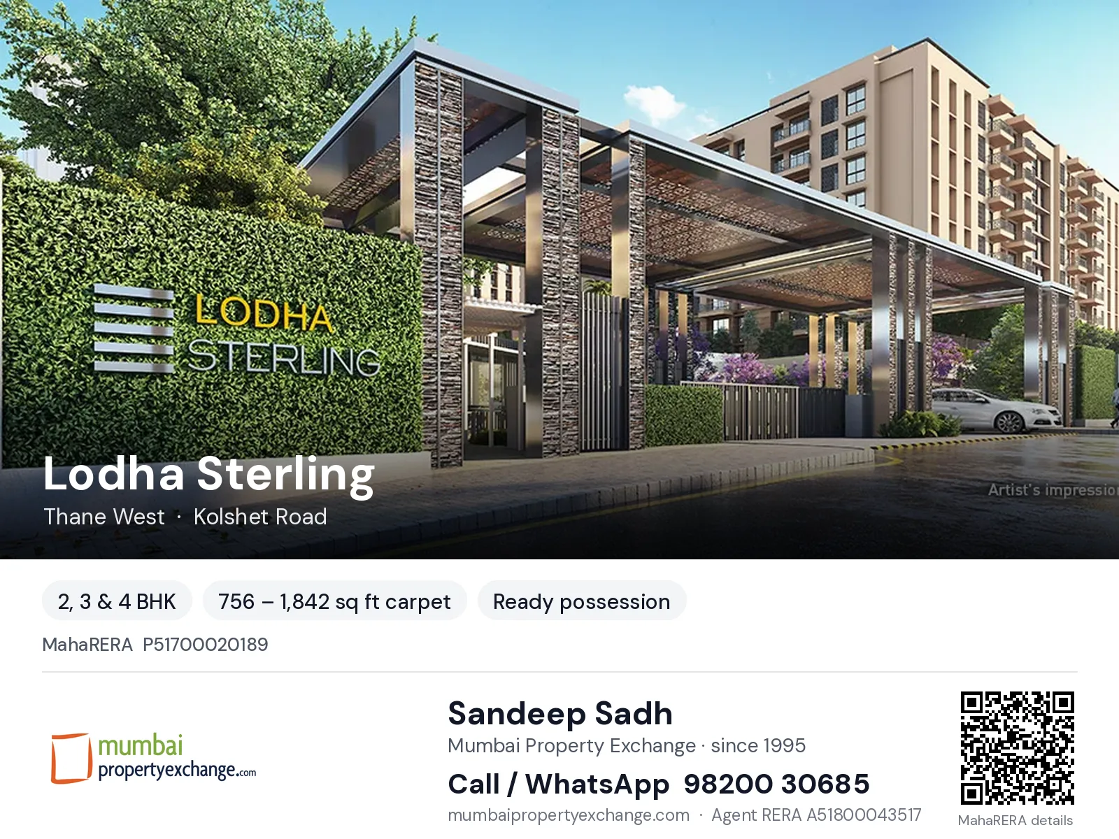 Lodha Sterling, Thane West — 2, 3 & 4 BHK ready-to-move project | Mumbai Property Exchange, Sandeep Sadh 98200 30685