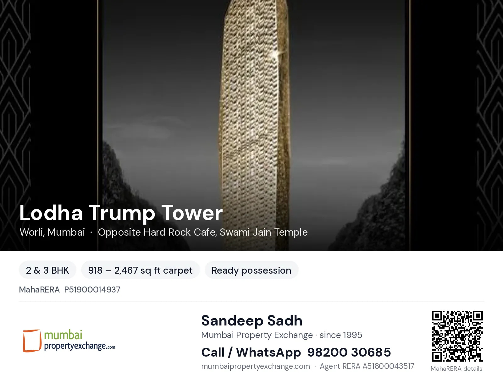 Lodha Trump Tower, Worli, Mumbai — 2 & 3 BHK ready-to-move project | Mumbai Property Exchange, Sandeep Sadh 98200 30685