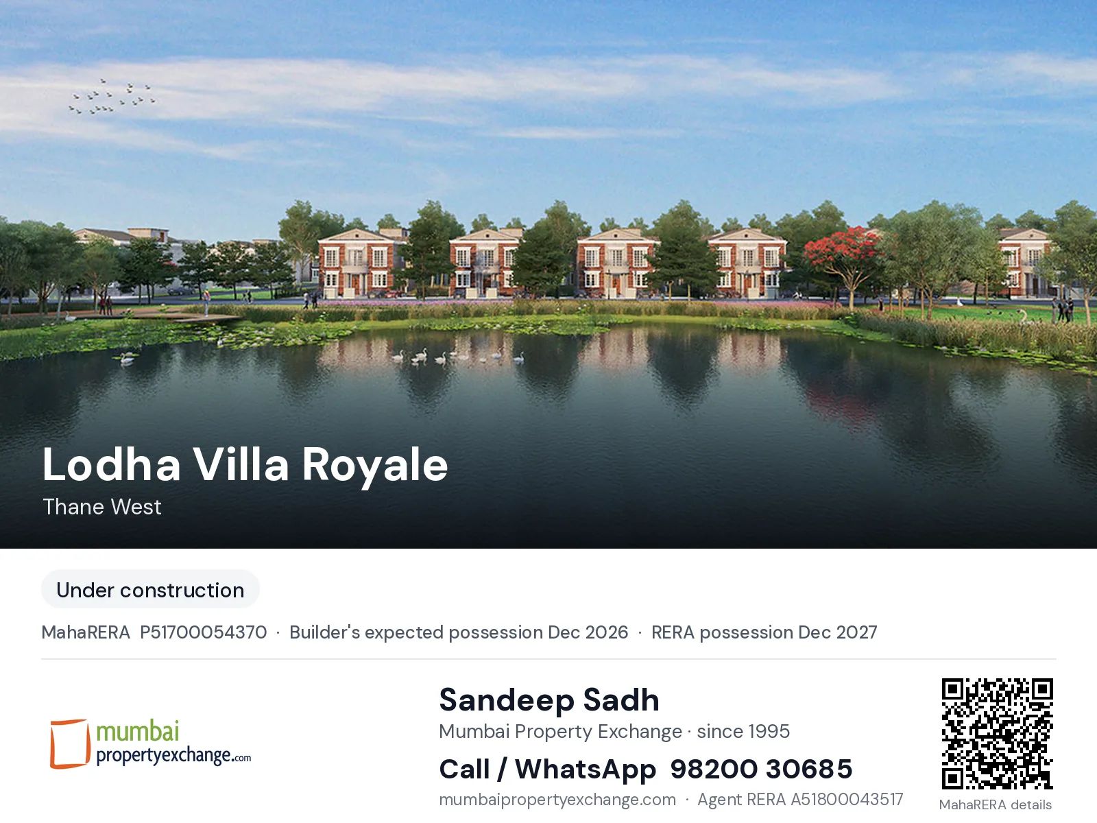 Lodha Villa Royale, Thane West — new project, builder's expected possession Dec 2026, RERA possession Dec 2027 | Mumbai Property Exchange, Sandeep Sadh 98200 30685