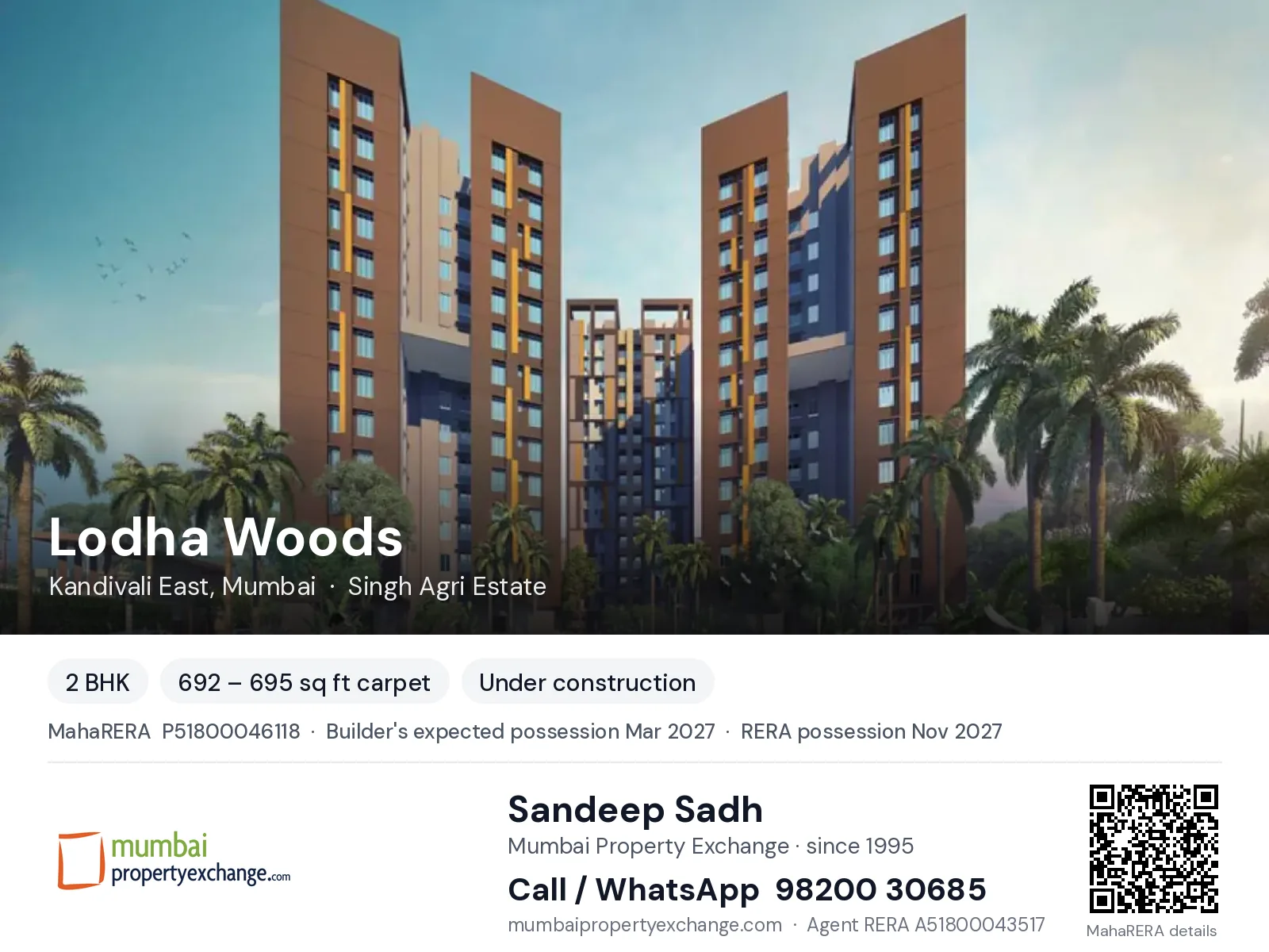 Lodha Woods, Kandivali East, Mumbai — 2 BHK new project, builder's expected possession Mar 2027, RERA possession Nov 2027 | Mumbai Property Exchange, Sandeep Sadh 98200 30685