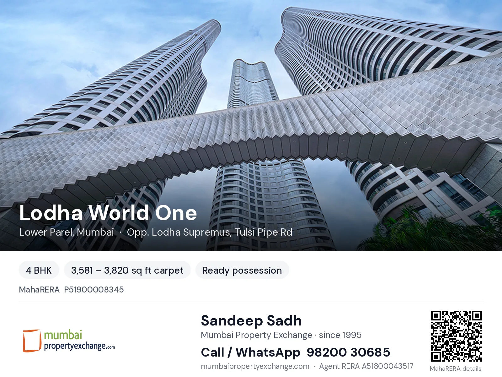 Lodha World One, Lower Parel, Mumbai — 4 BHK ready-to-move project | Mumbai Property Exchange, Sandeep Sadh 98200 30685