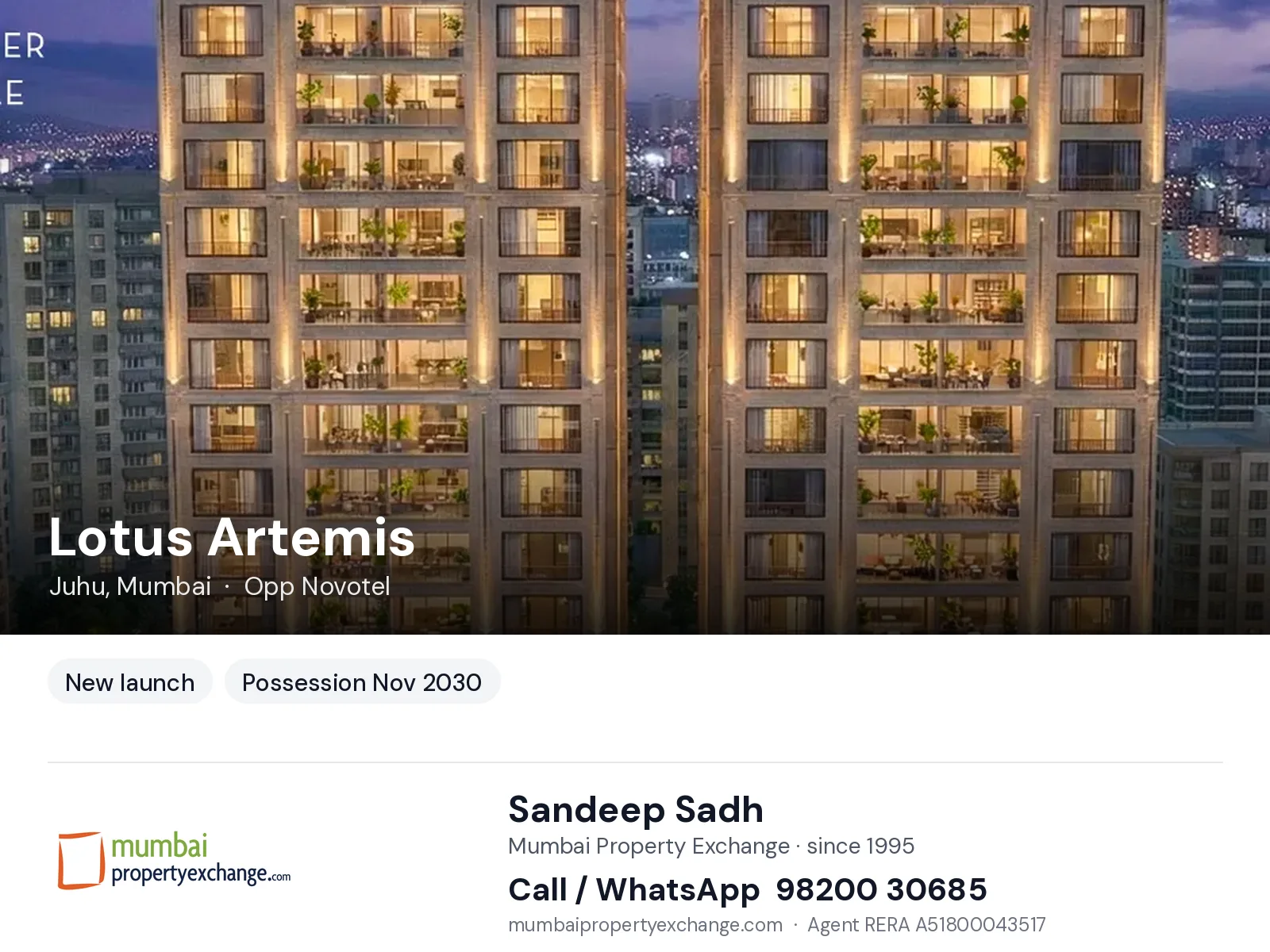 Lotus Artemis, Juhu, Mumbai — new project, possession Nov 2030 | Mumbai Property Exchange, Sandeep Sadh 98200 30685
