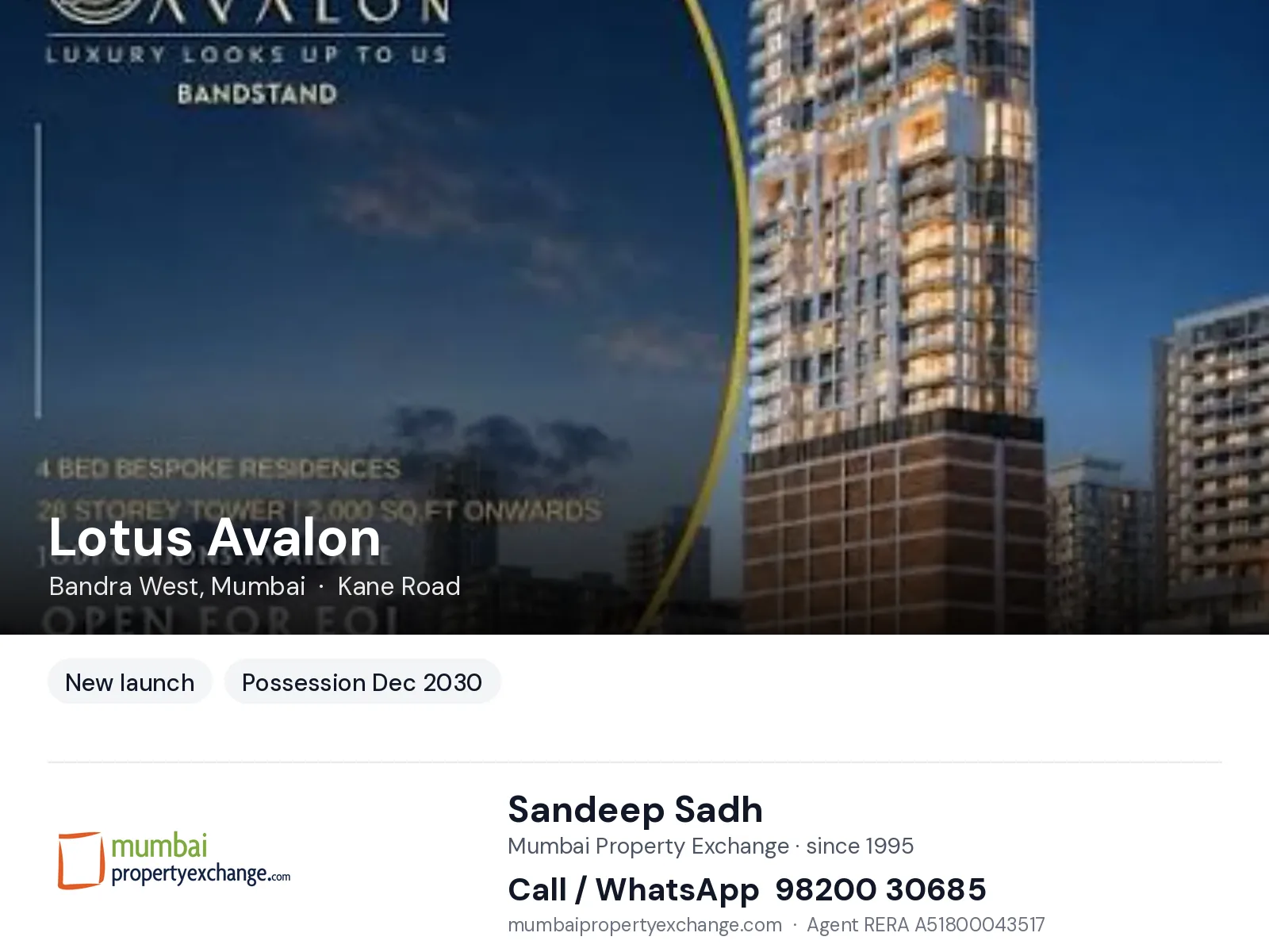 Lotus Avalon, Bandra West, Mumbai — new project, possession Dec 2030 | Mumbai Property Exchange, Sandeep Sadh 98200 30685