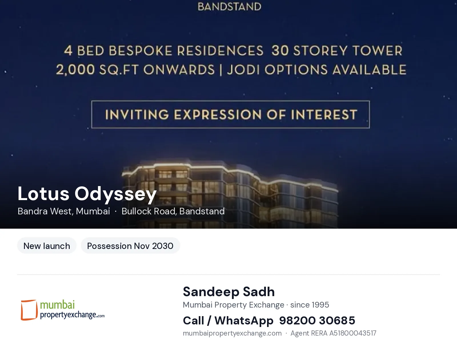 Lotus Odyssey, Bandra West, Mumbai — new project, possession Nov 2030 | Mumbai Property Exchange, Sandeep Sadh 98200 30685