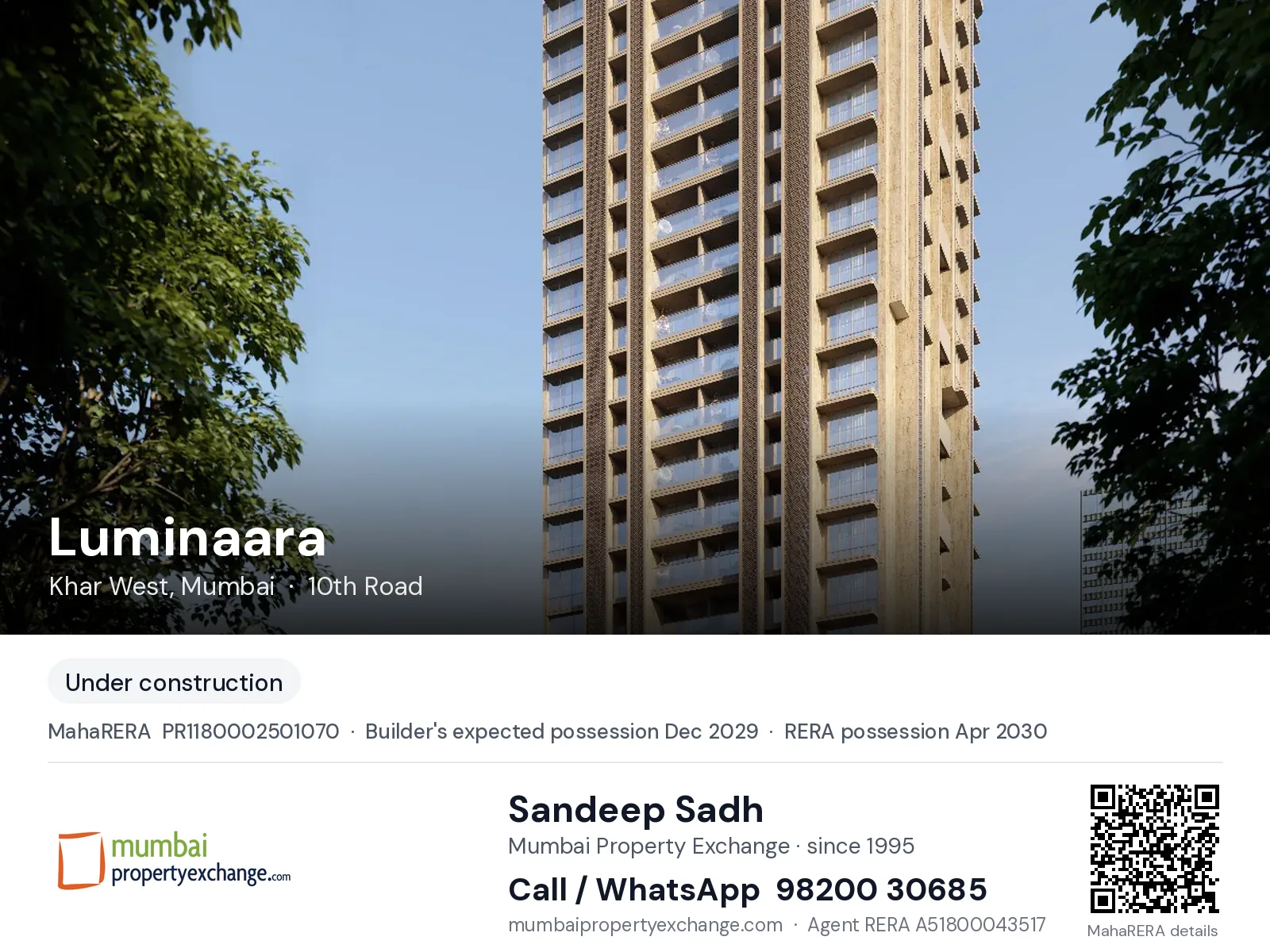 Luminaara by Pantheion, Khar West, Mumbai — new project, builder's expected possession Dec 2029, RERA possession Apr 2030 | Mumbai Property Exchange, Sandeep Sadh 98200 30685
