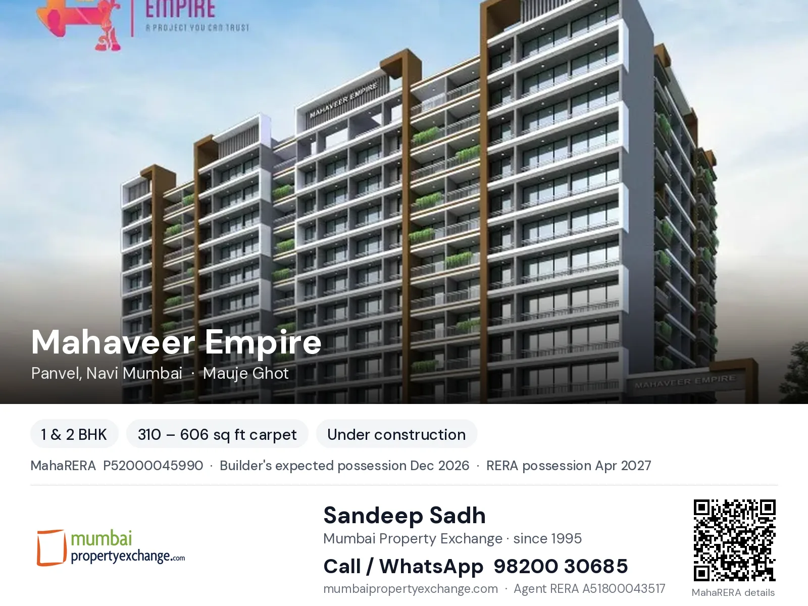Mahaveer Empire by Millennium, Panvel, Navi Mumbai — 1 & 2 BHK new project, builder's expected possession Dec 2026, RERA possession Apr 2027 | Mumbai Property Exchange, Sandeep Sadh 98200 30685