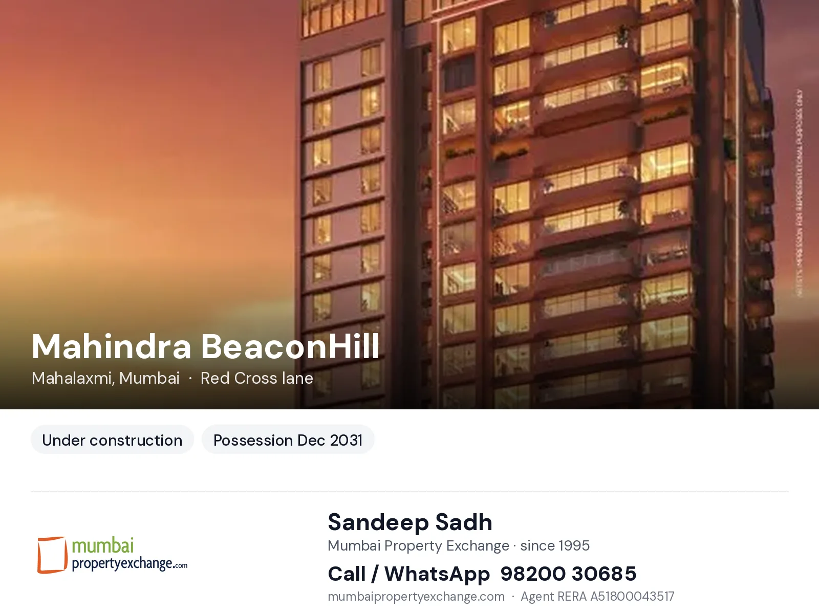 Mahindra BeaconHill, Mahalaxmi, Mumbai — new project, possession Dec 2031 | Mumbai Property Exchange, Sandeep Sadh 98200 30685