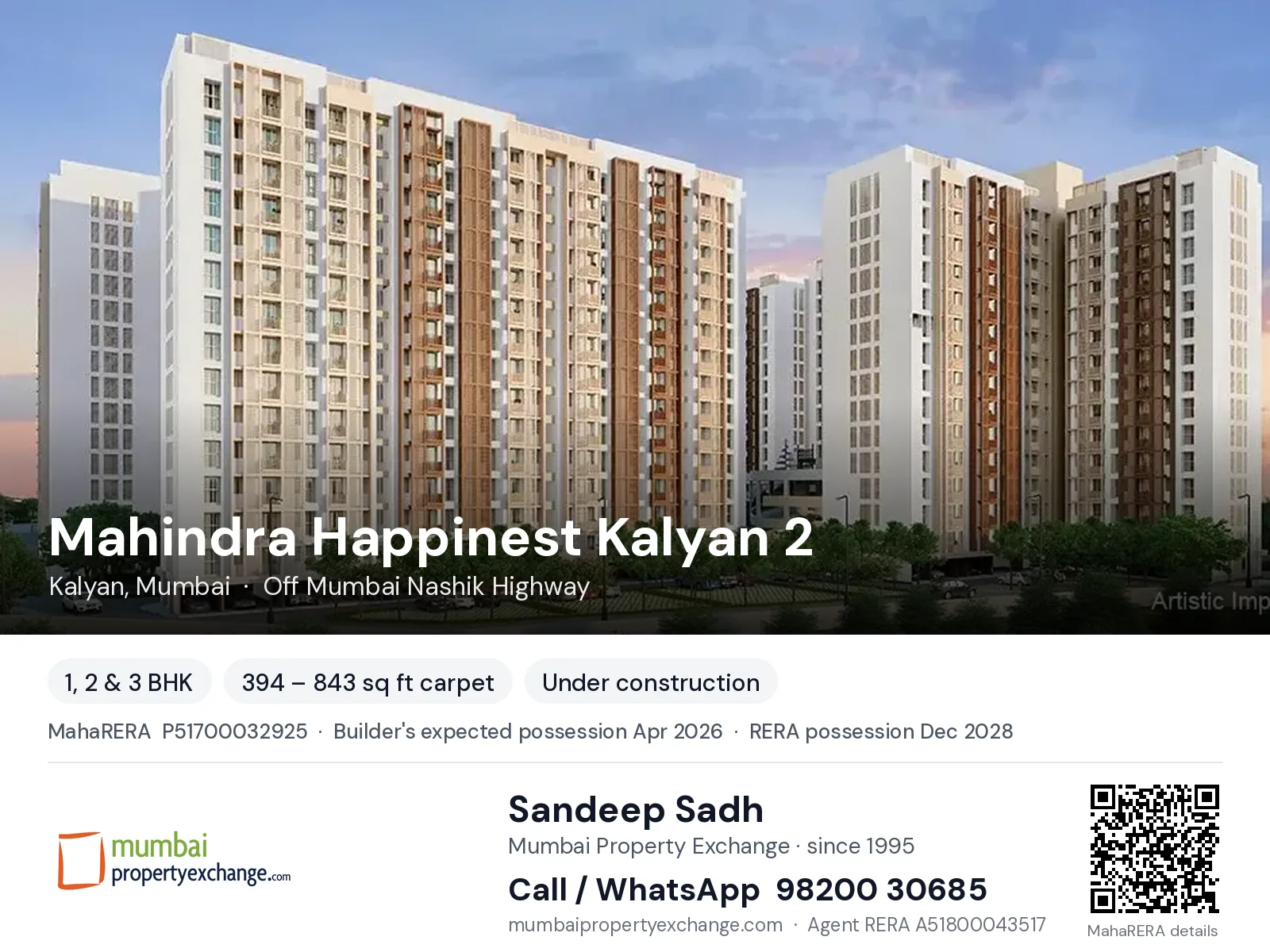 Mahindra Happinest Kalyan 2, Kalyan, Mumbai — 1, 2 & 3 BHK new project, builder's expected possession Apr 2026, RERA possession Dec 2028 | Mumbai Property Exchange, Sandeep Sadh 98200 30685
