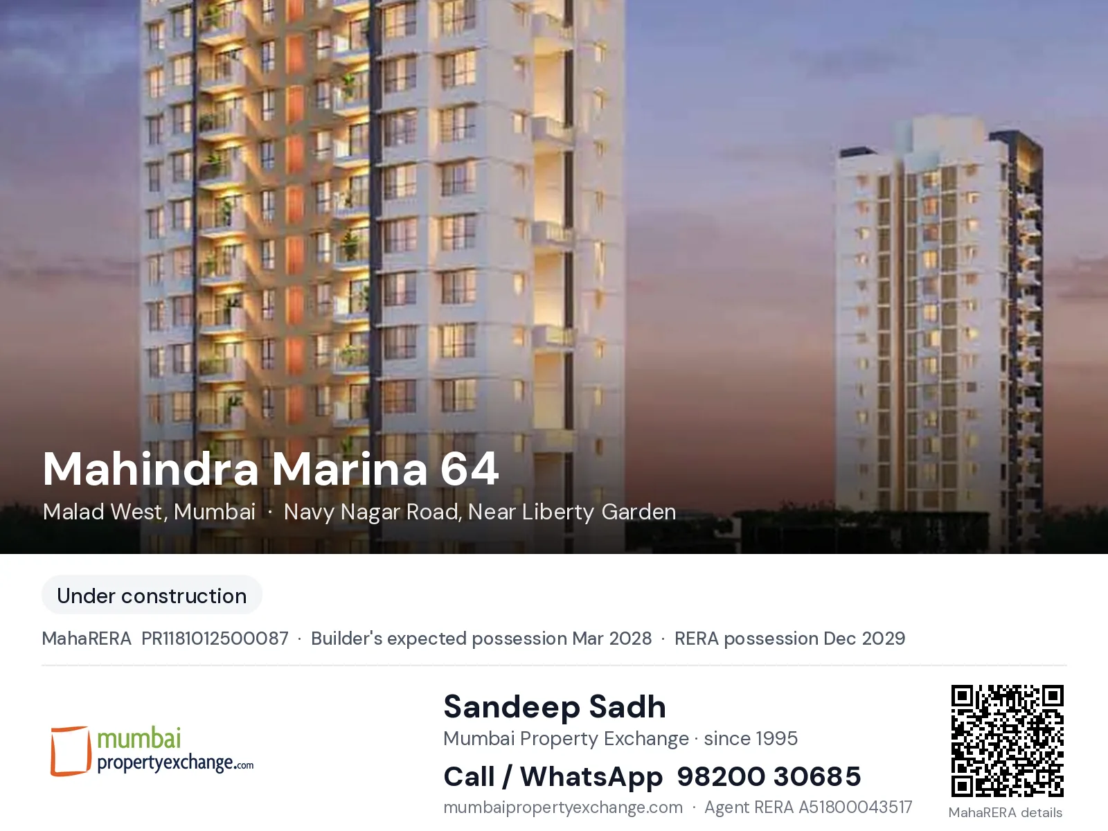 Mahindra Marina 64, Malad West, Mumbai — new project, builder's expected possession Mar 2028, RERA possession Dec 2029 | Mumbai Property Exchange, Sandeep Sadh 98200 30685