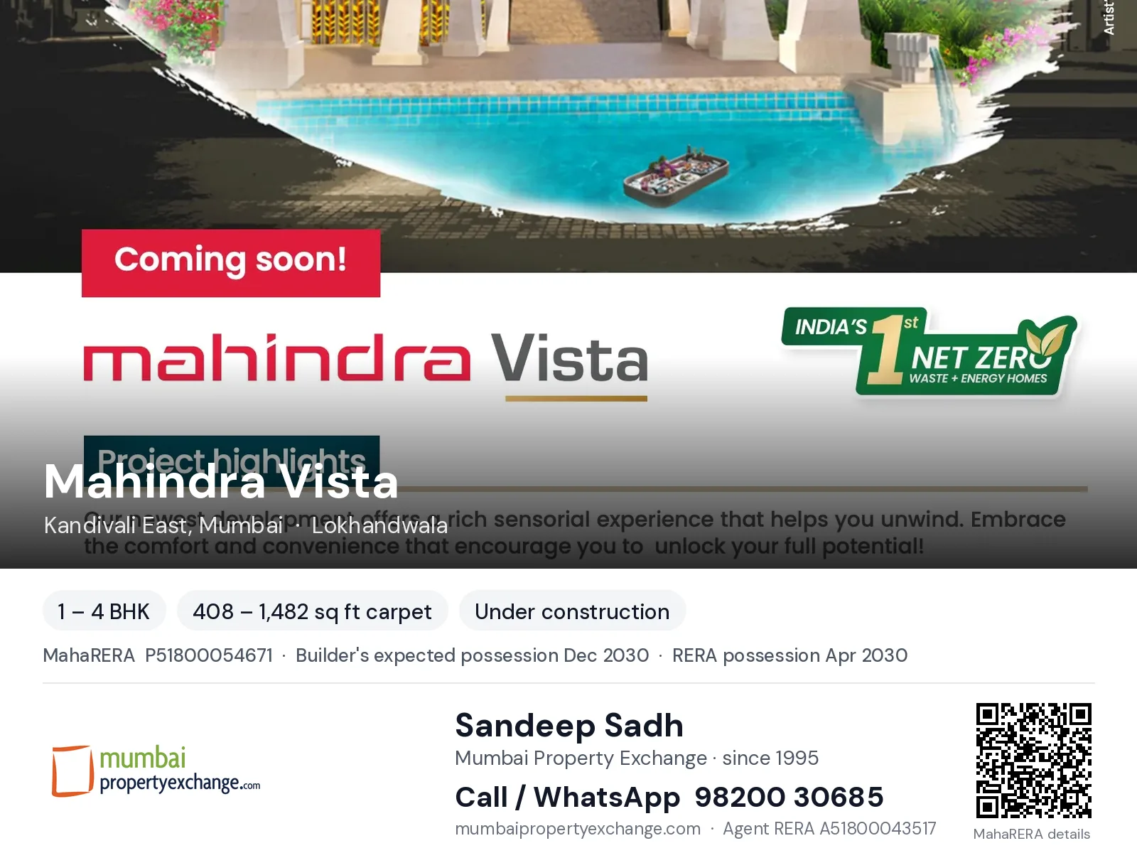 Mahindra Vista, Kandivali East, Mumbai — 1 – 4 BHK new project, builder's expected possession Dec 2030, RERA possession Apr 2030 | Mumbai Property Exchange, Sandeep Sadh 98200 30685