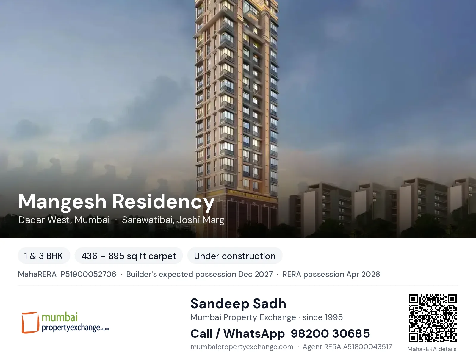 Mangesh Residency by Tendulkar, Dadar West, Mumbai — 1 & 3 BHK new project, builder's expected possession Dec 2027, RERA possession Apr 2028 | Mumbai Property Exchange, Sandeep Sadh 98200 30685