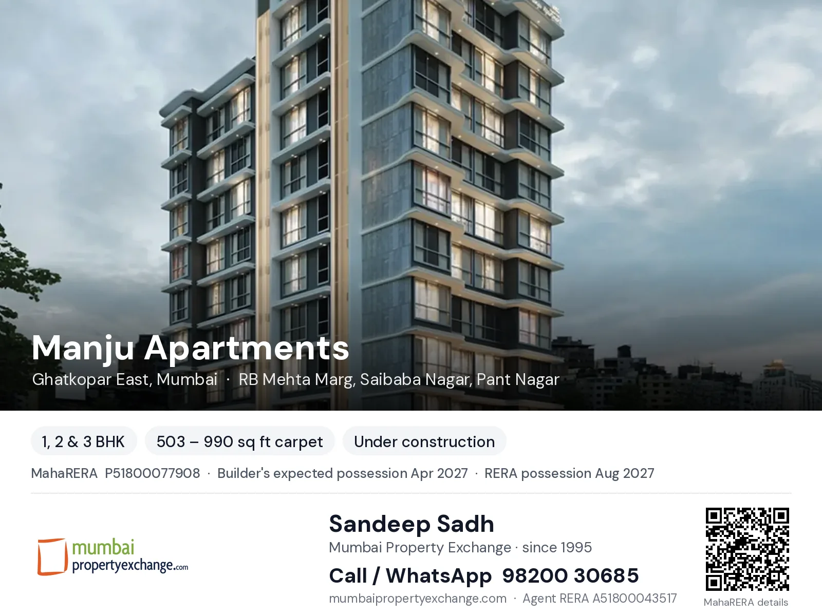 Manju Apartments by Vijay Khetan, Ghatkopar East, Mumbai — 1, 2 & 3 BHK new project, builder's expected possession Apr 2027, RERA possession Aug 2027 | Mumbai Property Exchange, Sandeep Sadh 98200 30685