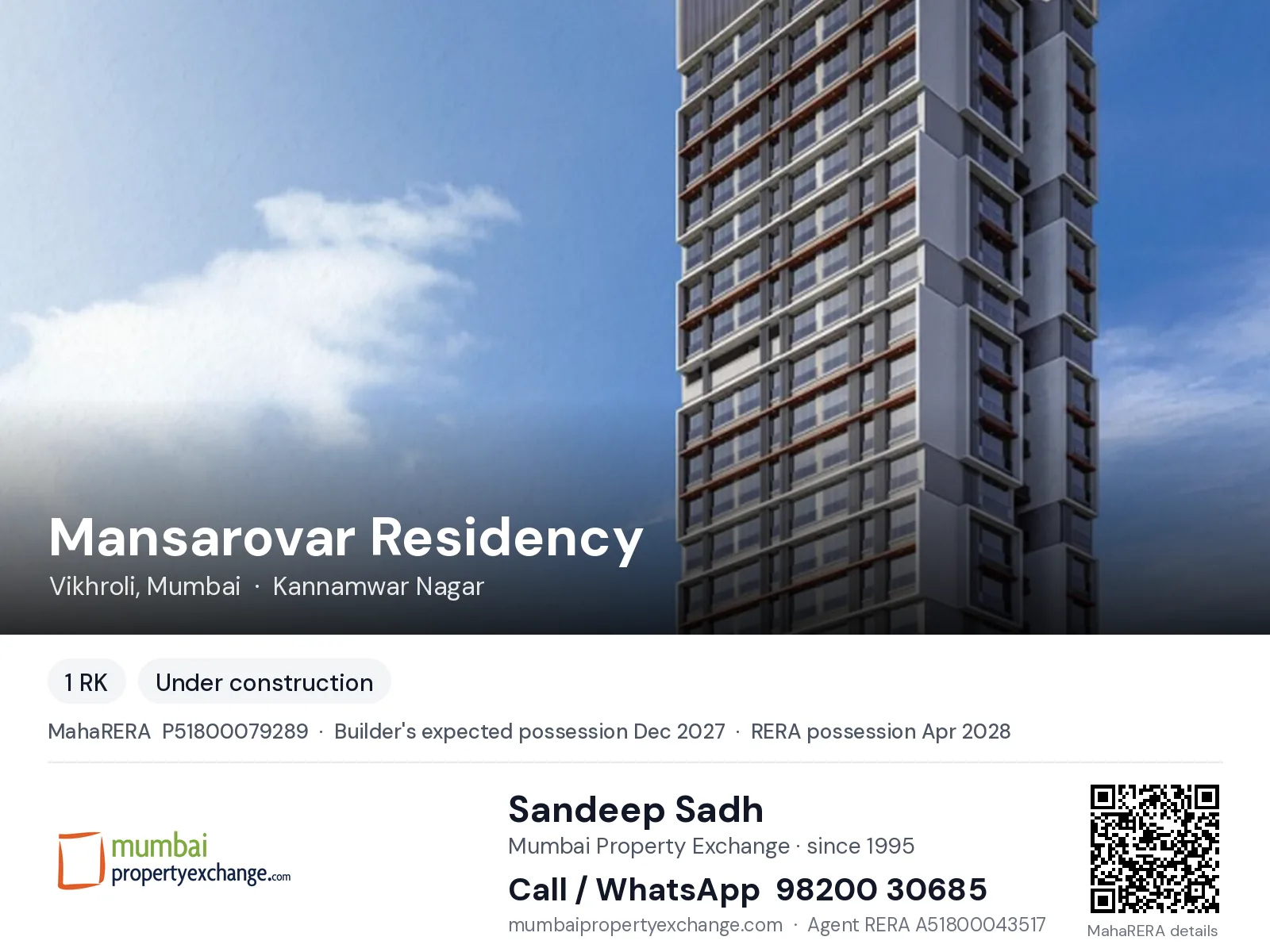 Mansarovar Residency, Vikhroli, Mumbai — new project, builder's expected possession Dec 2027, RERA possession Apr 2028 | Mumbai Property Exchange, Sandeep Sadh 98200 30685