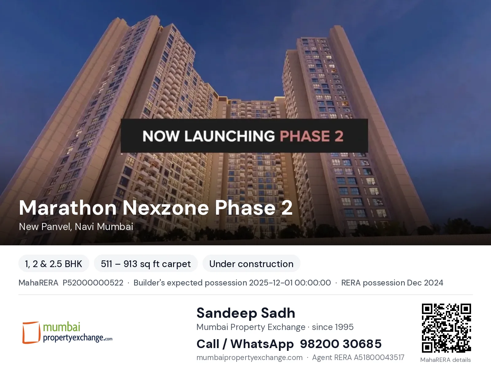 Marathon Nexzone Phase 2, New Panvel, Navi Mumbai — 1, 2 & 2.5 BHK new project, builder's expected possession 2025-12-01 00:00:00, RERA possession Dec 2024 | Mumbai Property Exchange, Sandeep Sadh 98200 30685
