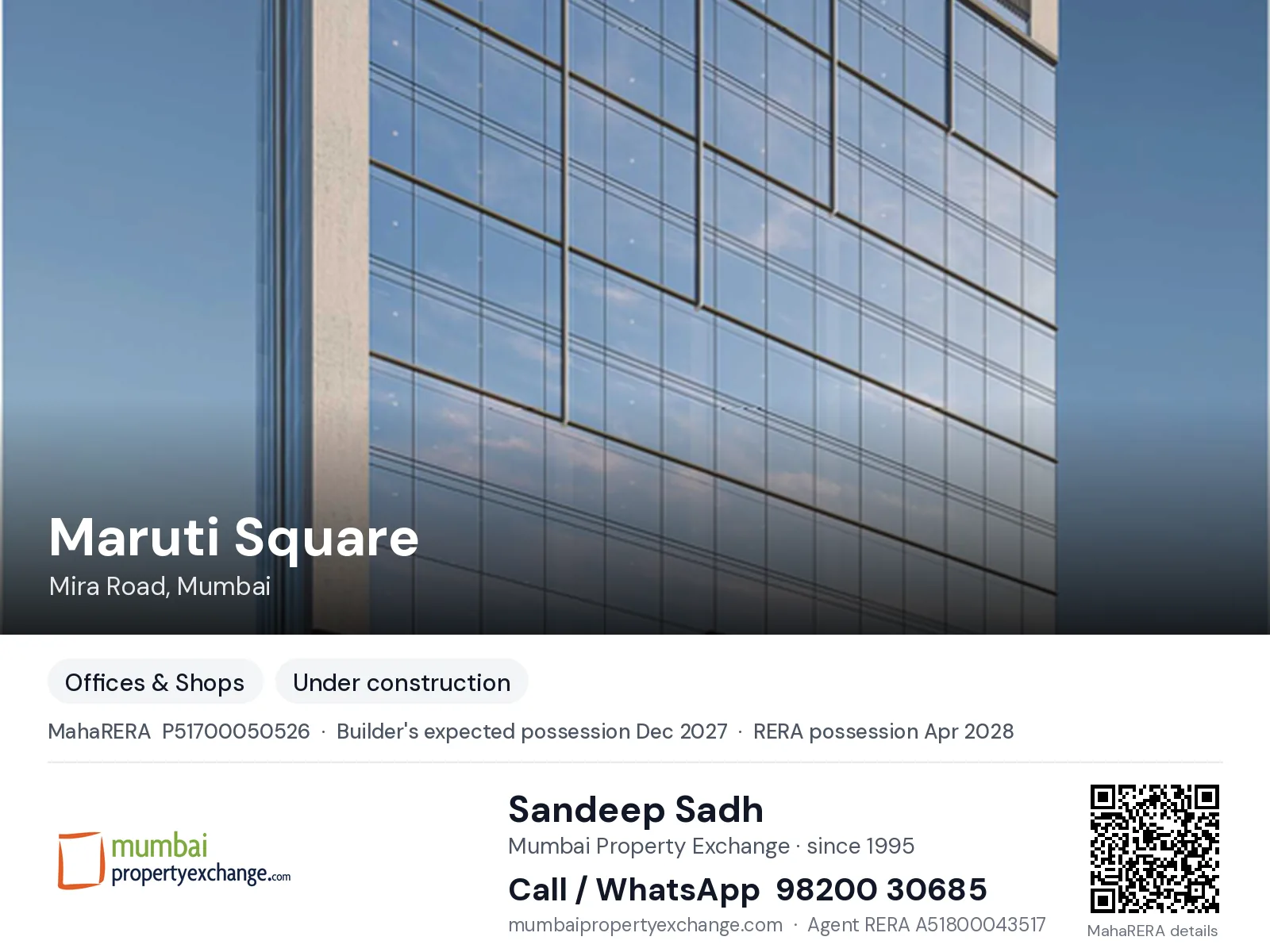 Maruti Square, Mira Road, Mumbai — new project, builder's expected possession Dec 2027, RERA possession Apr 2028 | Mumbai Property Exchange, Sandeep Sadh 98200 30685