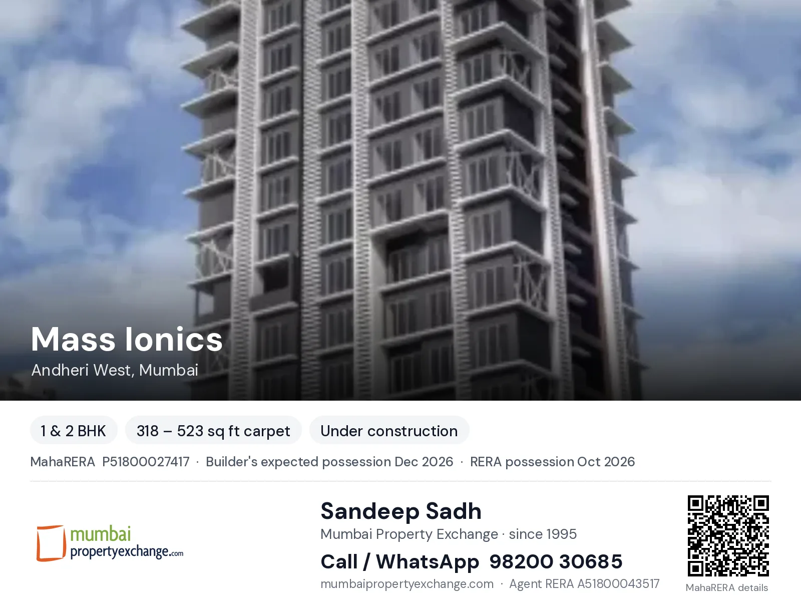 Mass Ionics, Andheri West, Mumbai — 1 & 2 BHK new project, builder's expected possession Dec 2026, RERA possession Oct 2026 | Mumbai Property Exchange, Sandeep Sadh 98200 30685