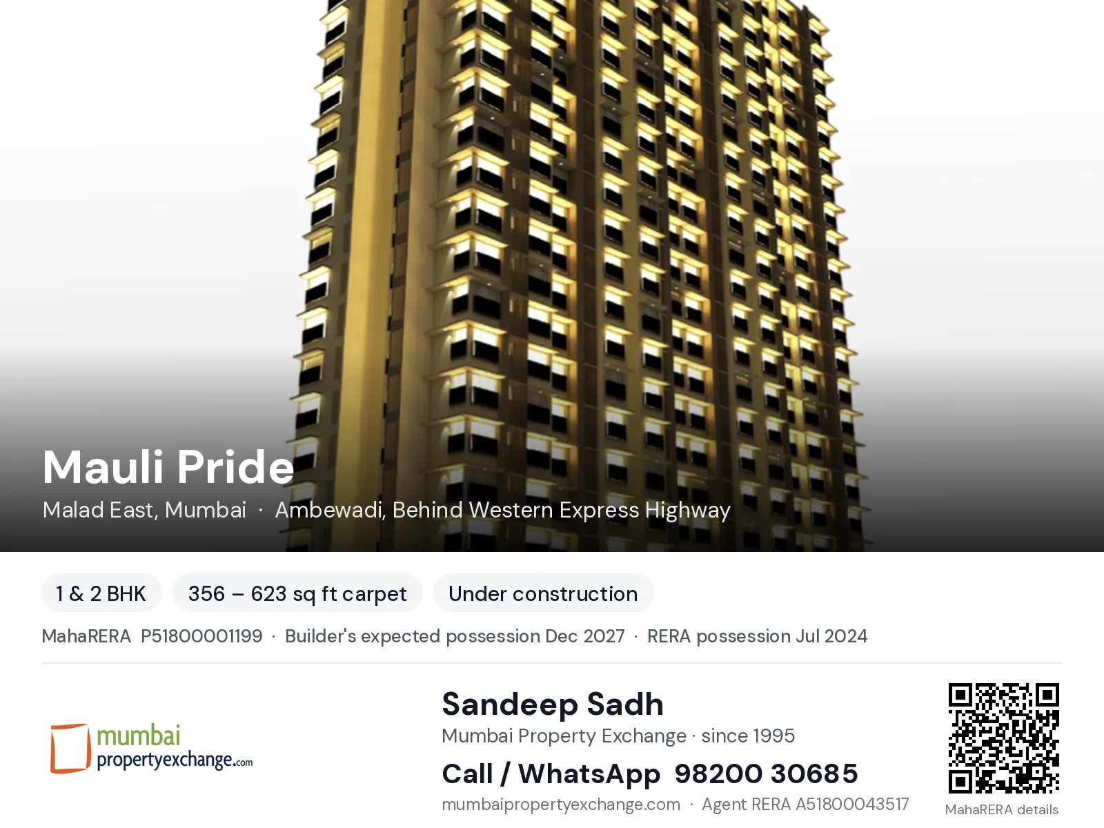 Mauli Pride, Malad East, Mumbai — 1 & 2 BHK new project, builder's expected possession Dec 2027, RERA possession Jul 2024 | Mumbai Property Exchange, Sandeep Sadh 98200 30685