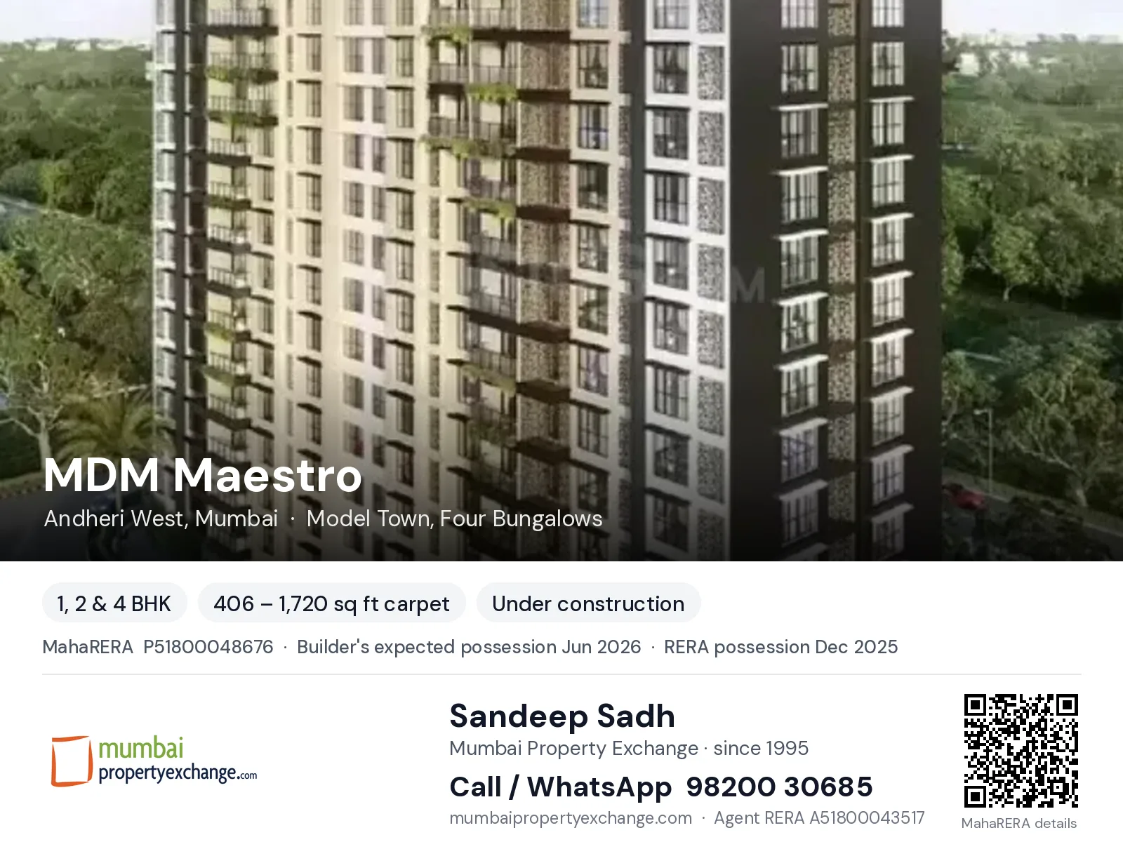 MDM Maestro, Andheri West, Mumbai — 1, 2 & 4 BHK new project, builder's expected possession Jun 2026, RERA possession Dec 2025 | Mumbai Property Exchange, Sandeep Sadh 98200 30685