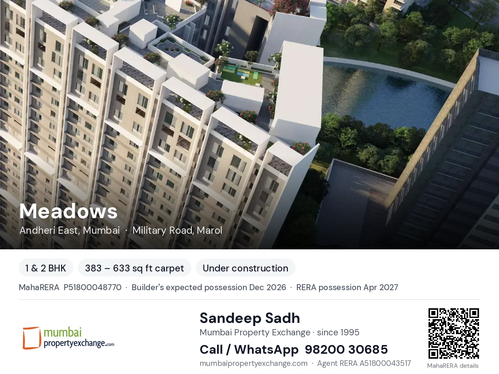 Meadows by Jangid, Andheri East, Mumbai — 1 & 2 BHK new project, builder's expected possession Dec 2026, RERA possession Apr 2027 | Mumbai Property Exchange, Sandeep Sadh 98200 30685