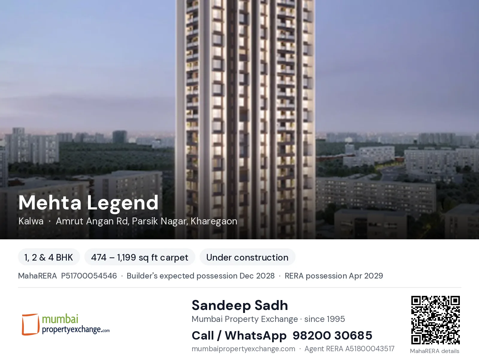 Mehta Legend, Kalwa — 1, 2 & 4 BHK new project, builder's expected possession Dec 2028, RERA possession Apr 2029 | Mumbai Property Exchange, Sandeep Sadh 98200 30685