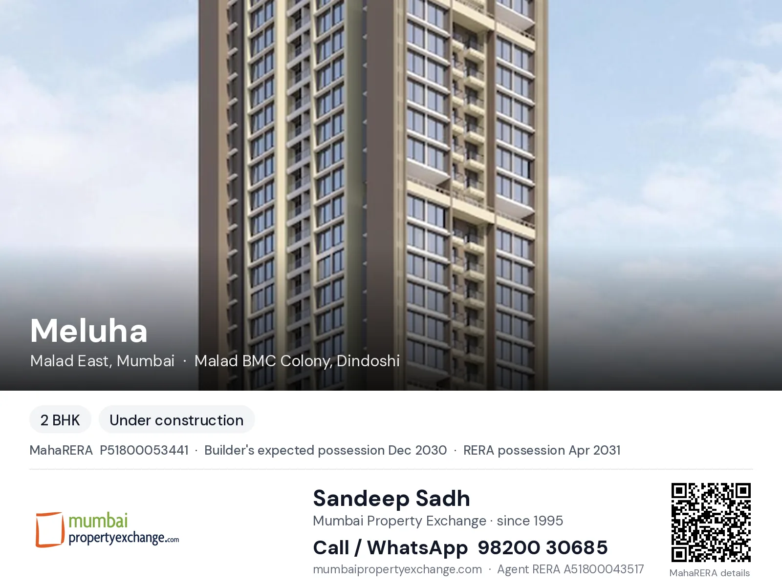 Meluha by Saptarshi, Malad East, Mumbai — 2 BHK new project, builder's expected possession Dec 2030, RERA possession Apr 2031 | Mumbai Property Exchange, Sandeep Sadh 98200 30685