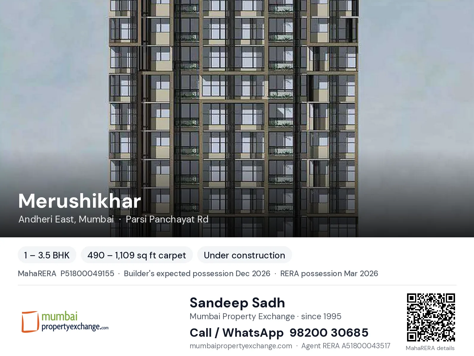 Merushikhar by Savvy, Andheri East, Mumbai — 1 – 3.5 BHK new project, builder's expected possession Dec 2026, RERA possession Mar 2026 | Mumbai Property Exchange, Sandeep Sadh 98200 30685
