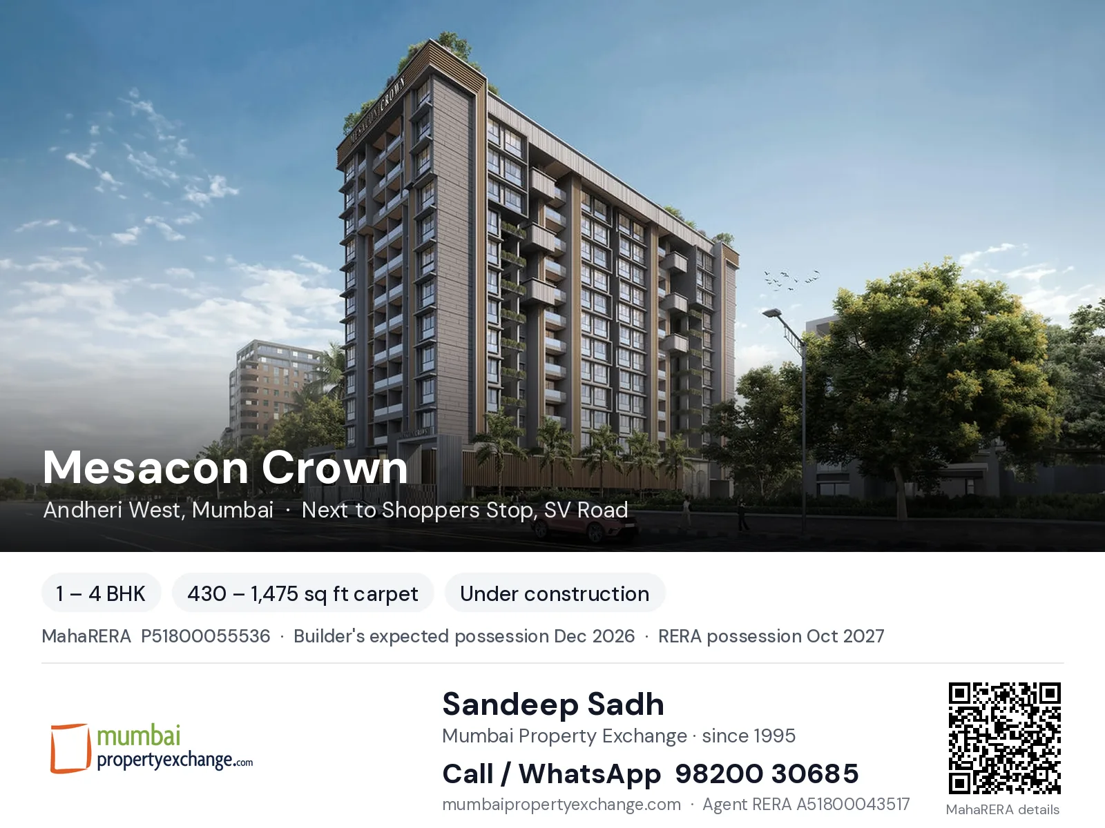 Mesacon Crown, Andheri West, Mumbai — 1 – 4 BHK new project, builder's expected possession Dec 2026, RERA possession Oct 2027 | Mumbai Property Exchange, Sandeep Sadh 98200 30685