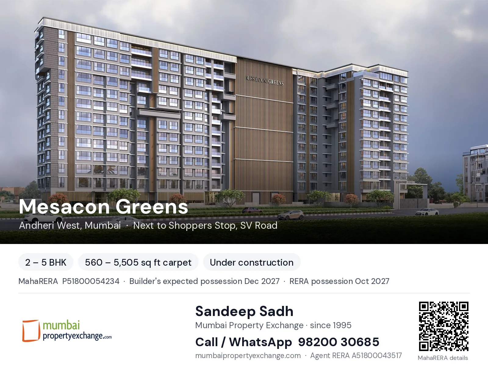 Mesacon Greens, Andheri West, Mumbai — 2 – 5 BHK new project, builder's expected possession Dec 2027, RERA possession Oct 2027 | Mumbai Property Exchange, Sandeep Sadh 98200 30685