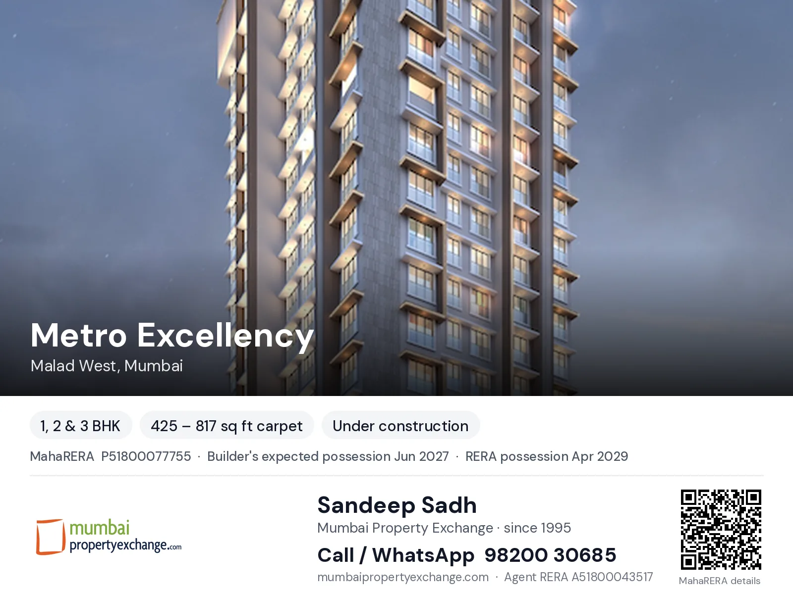 Metro Excellency, Malad West, Mumbai — 1, 2 & 3 BHK new project, builder's expected possession Jun 2027, RERA possession Apr 2029 | Mumbai Property Exchange, Sandeep Sadh 98200 30685
