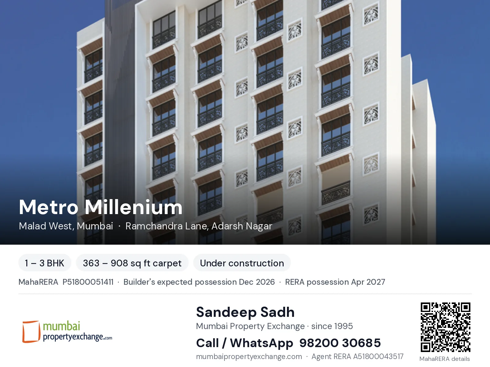Metro Millenium, Malad West, Mumbai — 1 – 3 BHK new project, builder's expected possession Dec 2026, RERA possession Apr 2027 | Mumbai Property Exchange, Sandeep Sadh 98200 30685