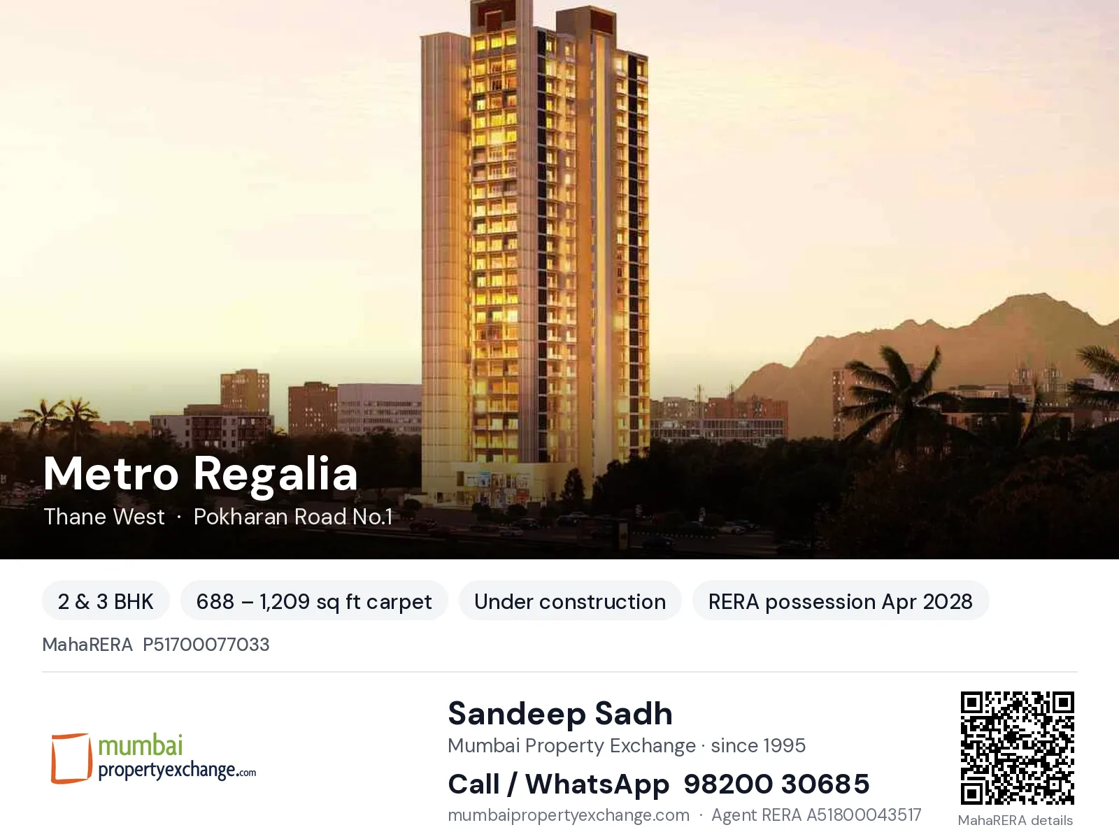 Metro Regalia, Thane West — 2 & 3 BHK new project, RERA possession Apr 2028 | Mumbai Property Exchange, Sandeep Sadh 98200 30685