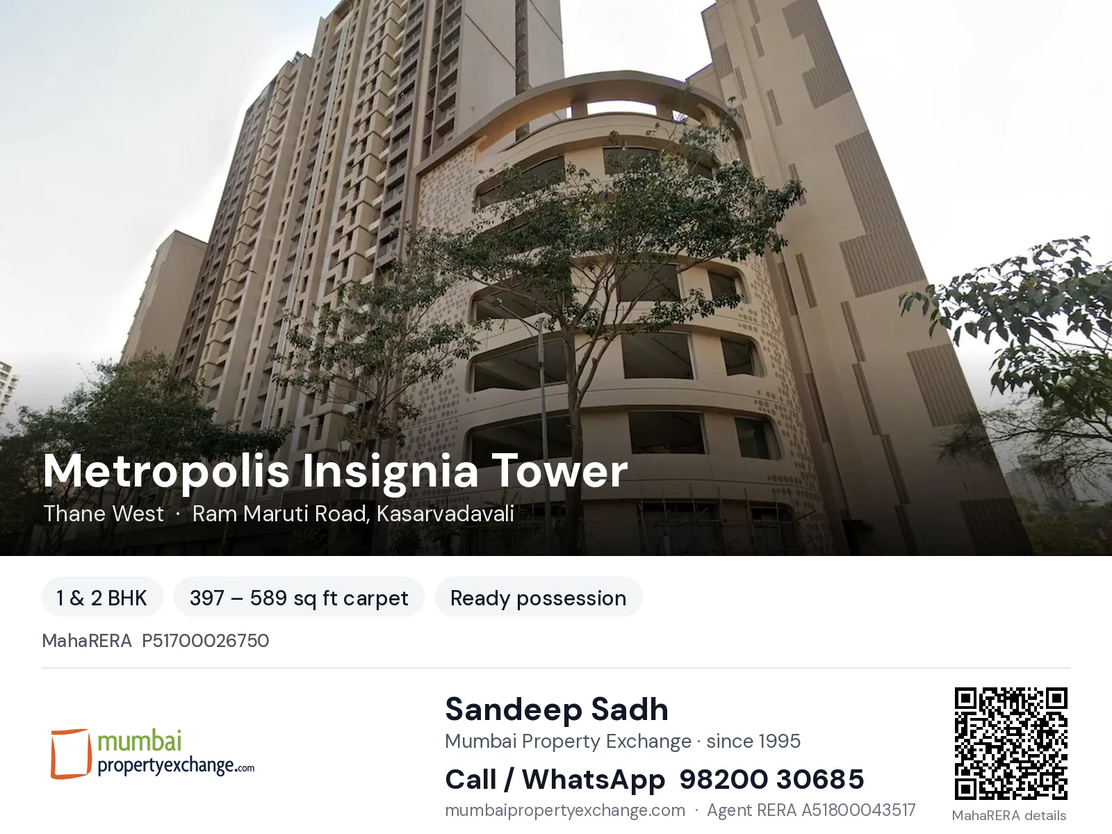 Metropolis Insignia Tower by Squarefeet, Thane West — 1 & 2 BHK ready-to-move project | Mumbai Property Exchange, Sandeep Sadh 98200 30685