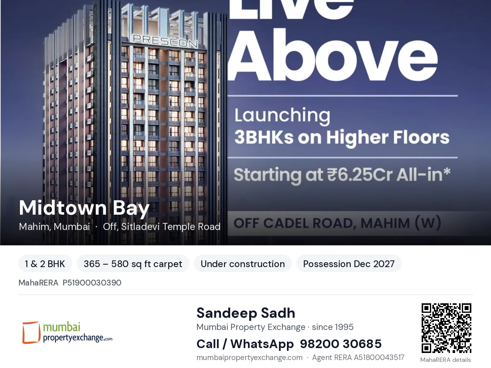 Midtown Bay by Prescon, Mahim, Mumbai — 1 & 2 BHK new project, possession Dec 2027 | Mumbai Property Exchange, Sandeep Sadh 98200 30685
