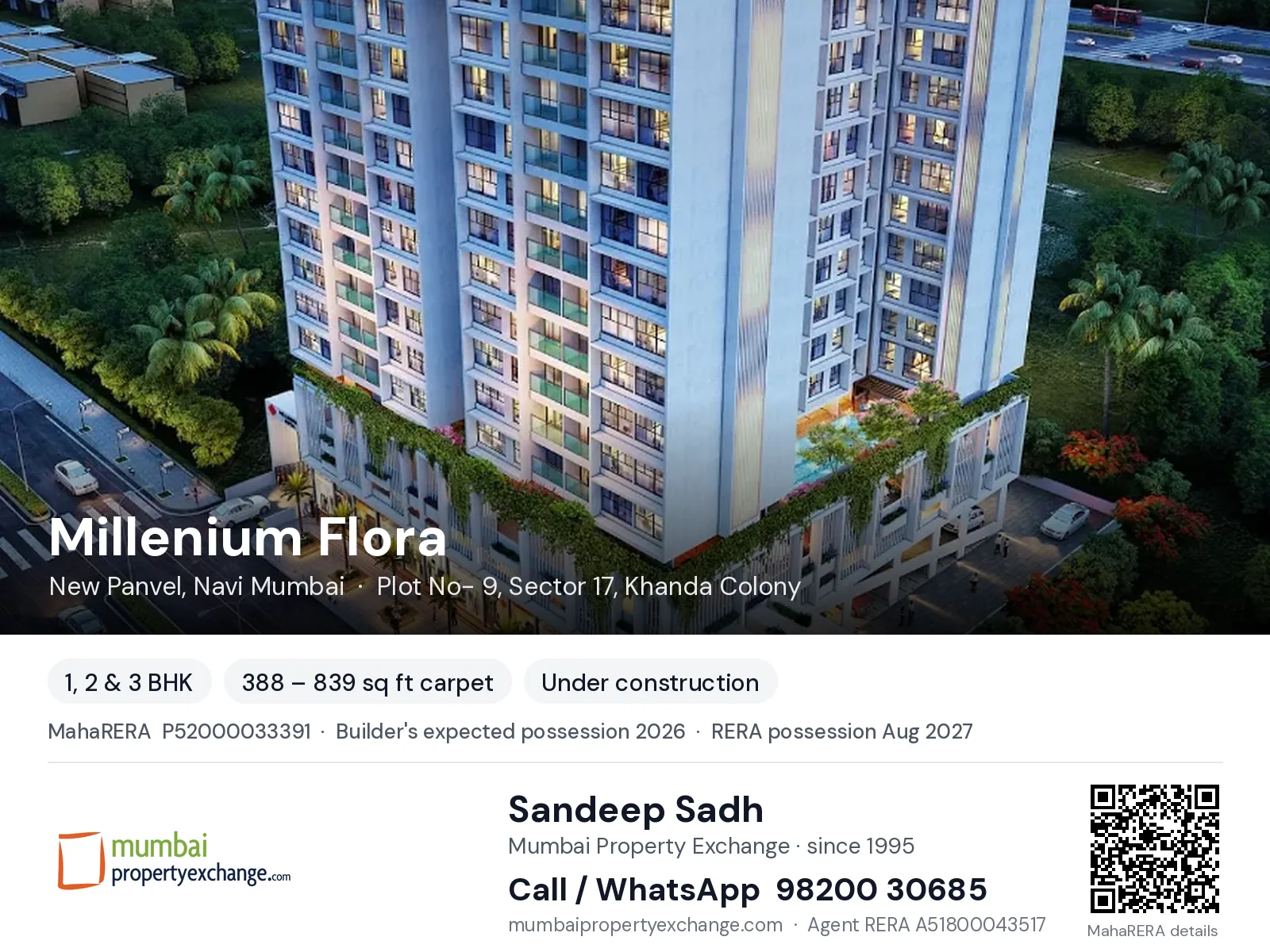 Millenium Flora, New Panvel, Navi Mumbai — 1, 2 & 3 BHK new project, builder's expected possession 2026, RERA possession Aug 2027 | Mumbai Property Exchange, Sandeep Sadh 98200 30685
