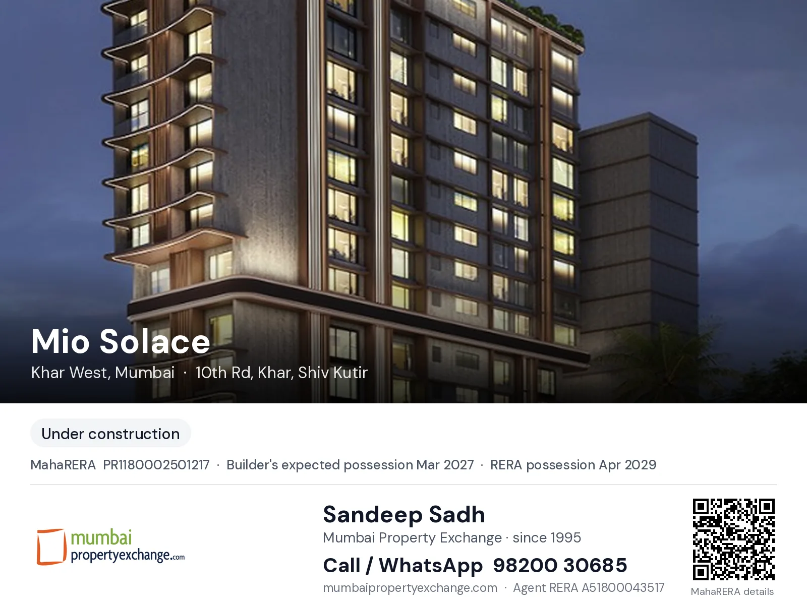 Mio Solace by Sayaji, Khar West, Mumbai — new project, builder's expected possession Mar 2027, RERA possession Apr 2029 | Mumbai Property Exchange, Sandeep Sadh 98200 30685