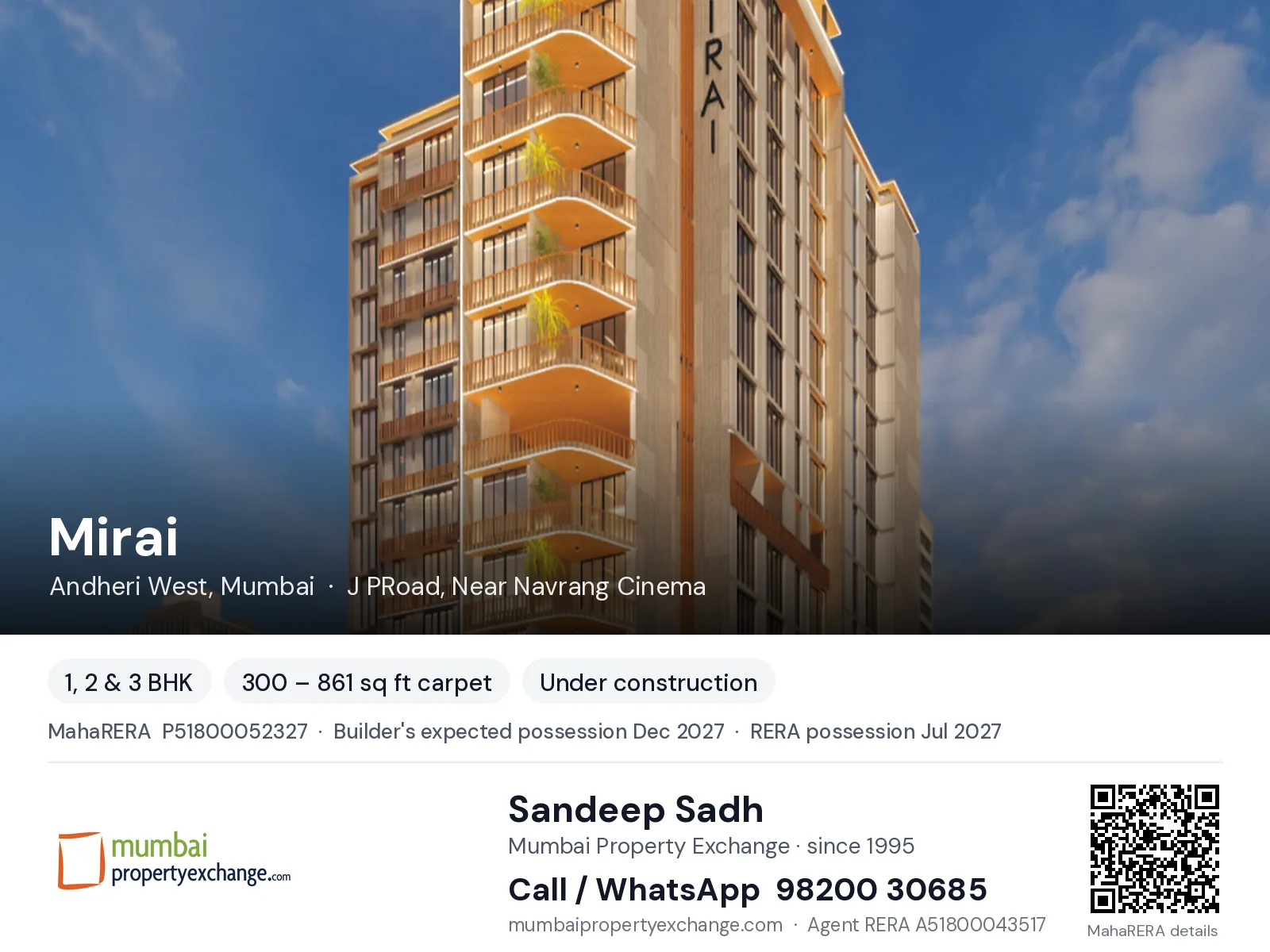 Mirai by Graceunited, Andheri West, Mumbai — 1, 2 & 3 BHK new project, builder's expected possession Dec 2027, RERA possession Jul 2027 | Mumbai Property Exchange, Sandeep Sadh 98200 30685