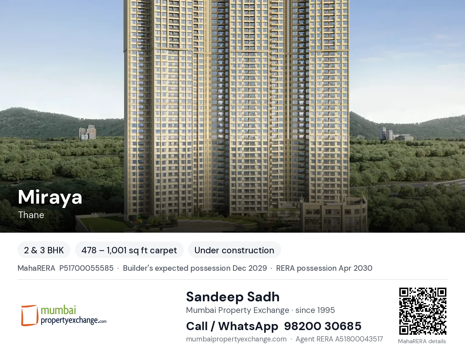 Miraya by Nandivardhan, Thane — 2 & 3 BHK new project, builder's expected possession Dec 2029, RERA possession Apr 2030 | Mumbai Property Exchange, Sandeep Sadh 98200 30685