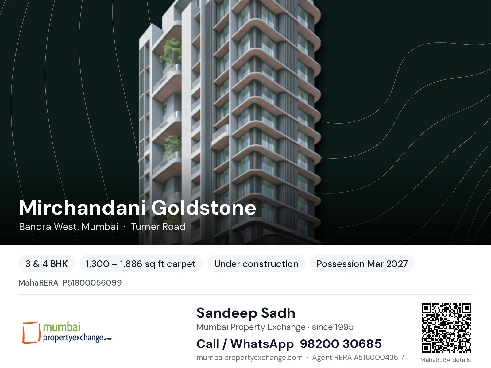 Mirchandani Goldstone, Bandra West, Mumbai — 3 & 4 BHK new project, possession Mar 2027 | Mumbai Property Exchange, Sandeep Sadh 98200 30685