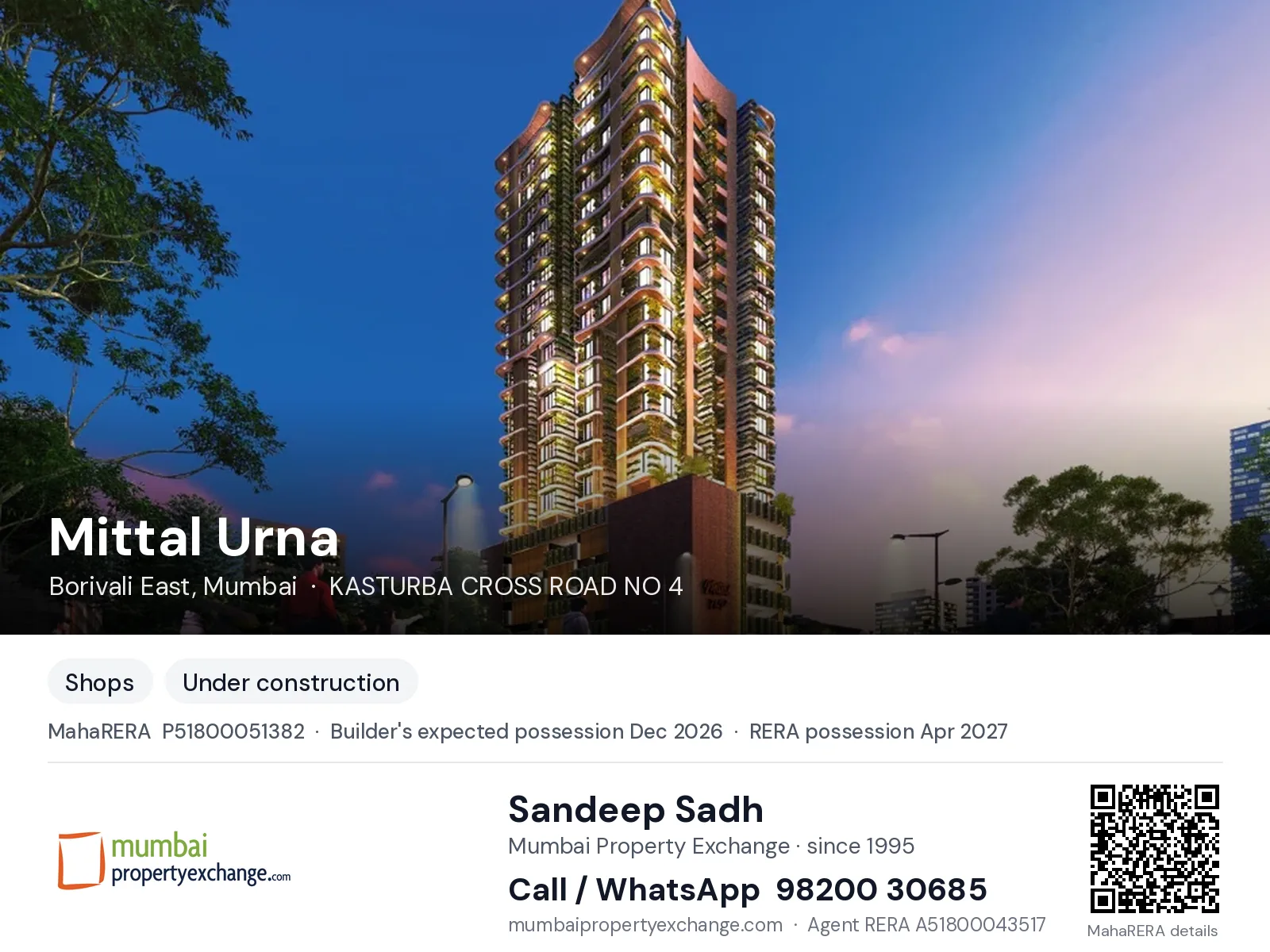 Mittal Urna, Borivali East, Mumbai — new project, builder's expected possession Dec 2026, RERA possession Apr 2027 | Mumbai Property Exchange, Sandeep Sadh 98200 30685