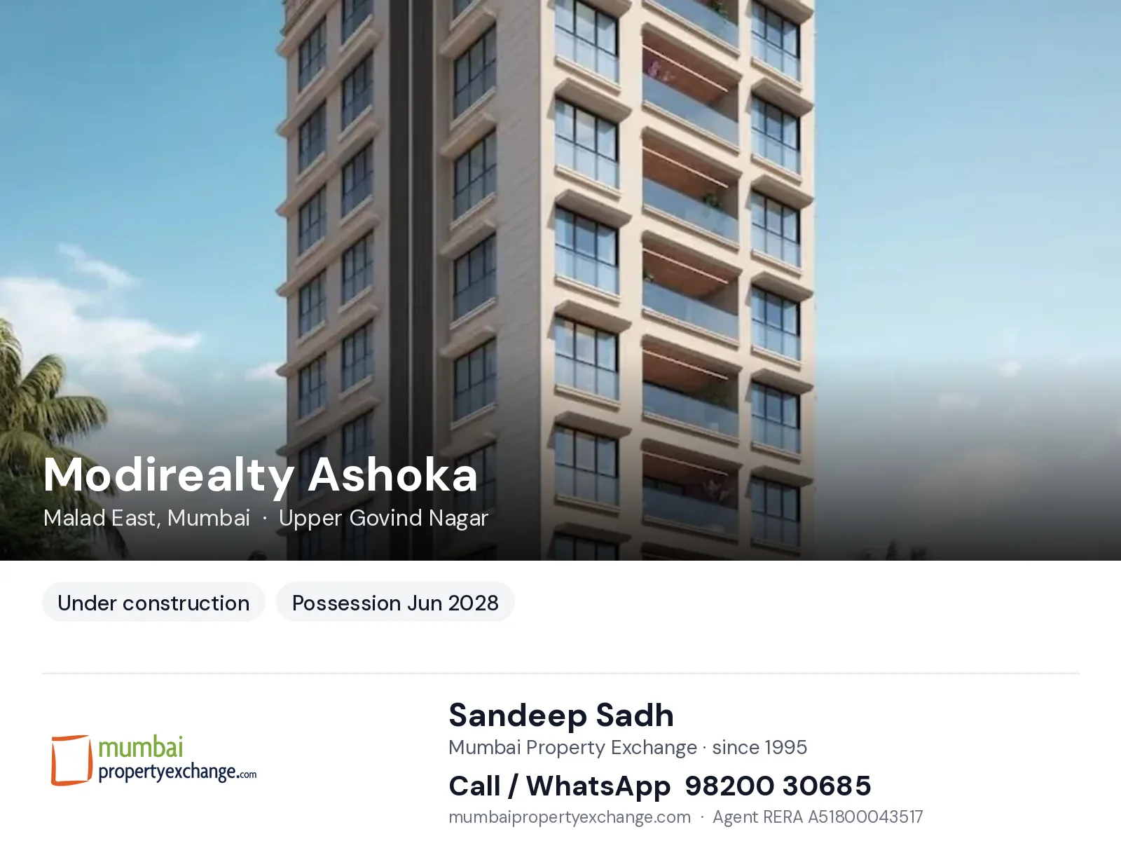 Modirealty Ashoka, Malad East, Mumbai — new project, possession Jun 2028 | Mumbai Property Exchange, Sandeep Sadh 98200 30685