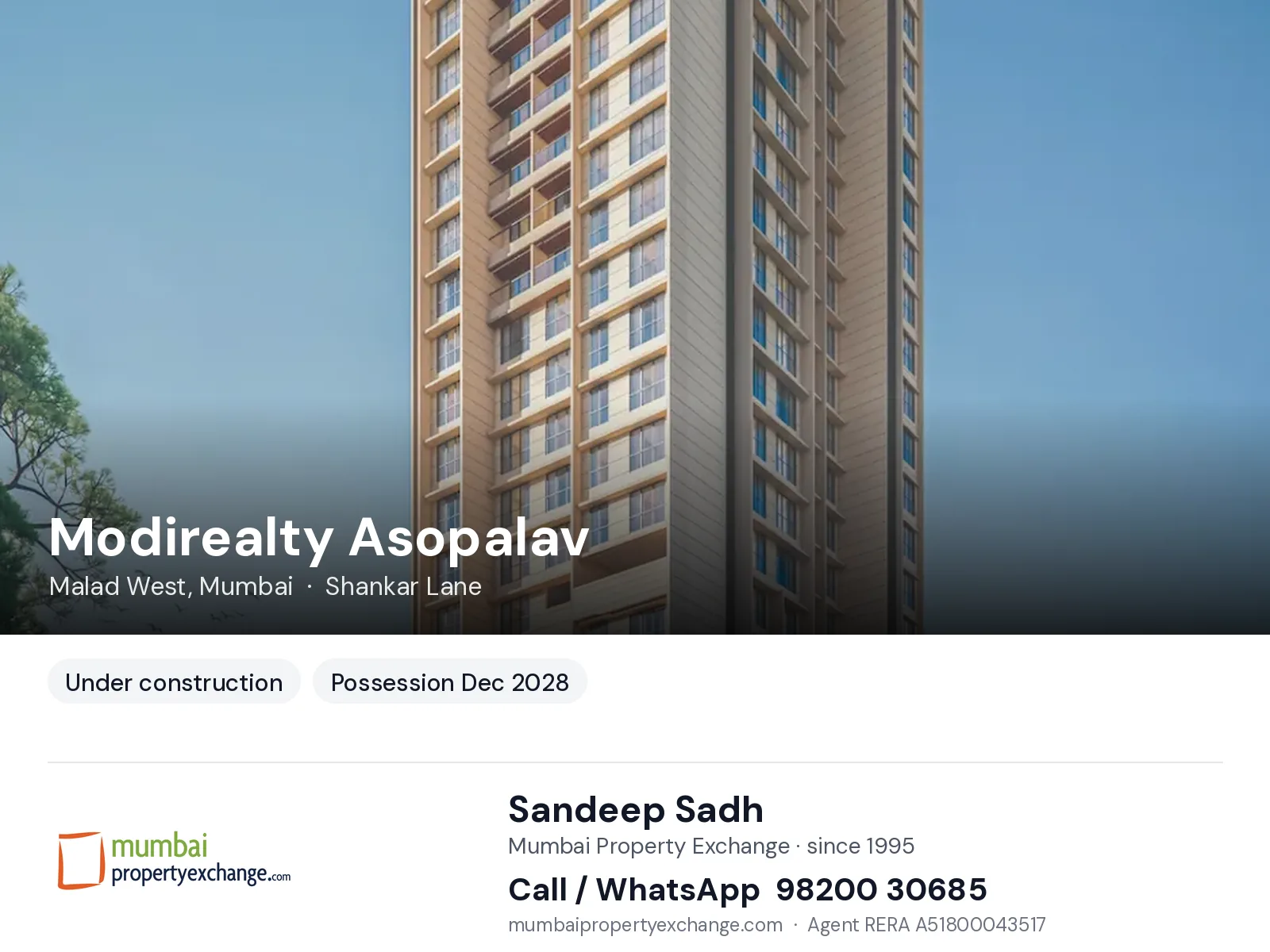 Modirealty Asopalav, Malad West, Mumbai — new project, possession Dec 2028 | Mumbai Property Exchange, Sandeep Sadh 98200 30685