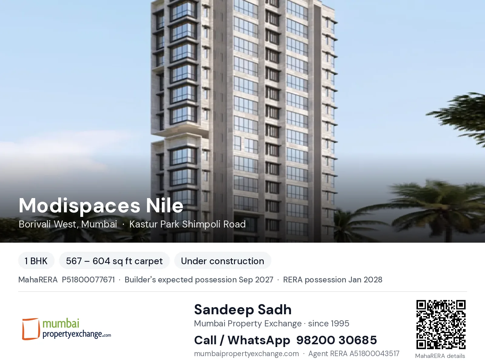 Modispaces Nile, Borivali West, Mumbai — 1 BHK new project, builder's expected possession Sep 2027, RERA possession Jan 2028 | Mumbai Property Exchange, Sandeep Sadh 98200 30685