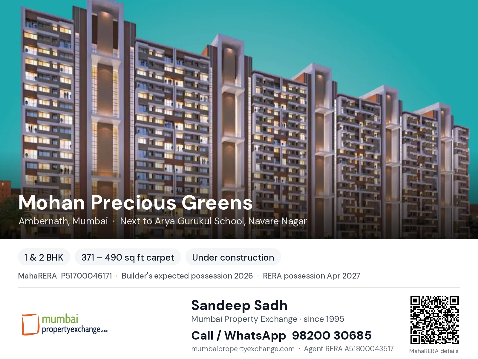Mohan Precious Greens, Ambernath, Mumbai — 1 & 2 BHK new project, builder's expected possession 2026, RERA possession Apr 2027 | Mumbai Property Exchange, Sandeep Sadh 98200 30685